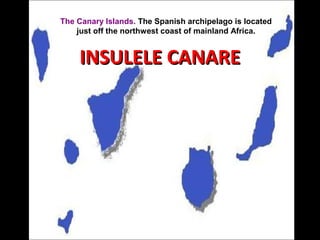 The Canary Islands. The Spanish archipelago is located
just off the northwest coast of mainland Africa.

INSULELE CANARE

 