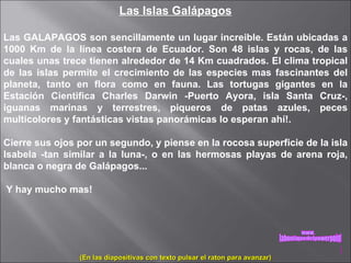 Las Islas Galápagos Las GALAPAGOS son sencillamente un lugar increible. Están ubicadas a 1000 Km de la línea costera de Ecuador. Son 48 islas y rocas, de las cuales unas trece tienen alrededor de 14 Km cuadrados. El clima tropical de las islas permite el crecimiento de las especies mas fascinantes del planeta, tanto en flora como en fauna. Las tortugas gigantes en la Estación Cientifica Charles Darwin -Puerto Ayora, isla Santa Cruz-, iguanas marinas y terrestres, piqueros de patas azules, peces multicolores y fantásticas vistas panorámicas lo esperan ahí!. Cierre sus ojos por un segundo, y piense en la rocosa superficie de la isla Isabela -tan similar a la luna-, o en las hermosas playas de arena roja, blanca o negra de Galápagos... Y hay mucho mas! (En las diapositivas con texto pulsar el raton para avanzar) www. laboutiquedelpowerpoint. com 