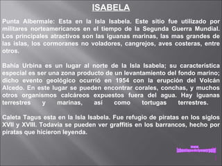 ISABELA Punta Albermale: Esta en la Isla Isabela. Este sitio fue utilizado por militares norteamericanos en el tiempo de la Segunda Guerra Mundial. Los principales atractivos son las iguanas marinas, las mas grandes de las islas, los cormoranes no voladores, cangrejos, aves costeras, entre otros.  Bahía Urbina es un lugar al norte de la Isla Isabela; su característica especial es ser una zona producto de un levantamiento del fondo marino; dicho evento geológico ocurrió en 1954 con la erupción del Volcán Alcedo. En este lugar se pueden encontrar corales, conchas, y muchos otros organismos calcáreos expuestos fuera del agua. Hay iguanas terrestres y marinas, así como tortugas terrestres.  Caleta Tagus esta en la Isla Isabela. Fue refugio de piratas en los siglos XVII y XVIII. Todavía se pueden ver graffitis en los barrancos, hecho por piratas que hicieron leyenda. www. laboutiquedelpowerpoint. com 