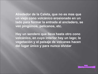 Alrededor de la Caleta, que no es mas que un viejo cono volcánico erosionado en un lado para formar la entrada al ancladero, se ven pingüinos, pelícanos, etc. Hay un sendero que lleva hasta otro cono volcánico, en cuyo interior hay un lago; la vegetación y el paisaje de volcanes hacen del lugar único y para nunca olvidar www. laboutiquedelpowerpoint. com 