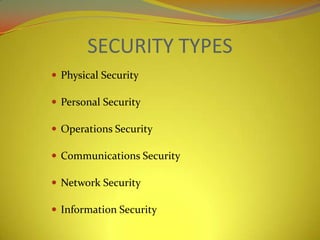 SECURITY TYPES
 Physical Security

 Personal Security

 Operations Security

 Communications Security

 Network Security

 Information Security
.
 
