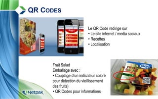 QR CODES
Le QR Code redirige sur
• Le site internet / media sociaux
• Recettes
• Localisation
Fruit Salad
Emballage avec :
• Couplage d’un indicateur coloré
pour détection du vieillissement
des fruits)
• QR Codes pour informations
 