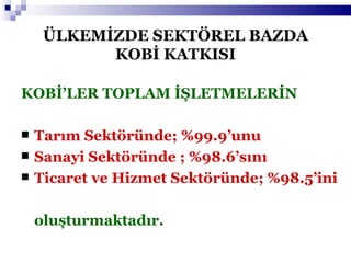 ÜLKEMİZDE SEKTÖREL BAZDA KOBİ KATKISI KOBİ’LER TOPLAM İŞLETMELERİN Tarım Sektöründe; %99.9’unu Sanayi Sektöründe ; %98.6’sını Ticaret ve Hizmet Sektöründe; %98.5’ini oluşturmaktadır. 