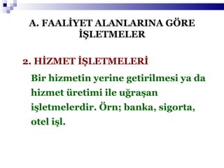 A. FAALİYET ALANLARINA GÖRE İŞLETMELER 2. HİZMET İŞLETMELERİ   Bir hizmetin yerine getirilmesi ya da hizmet üretimi ile uğraşan işletmelerdir. Örn; banka, sigorta, otel işl. 