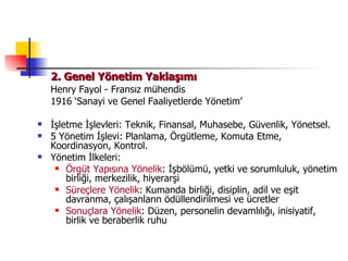 2. Genel Yönetim Yaklaşımı Henry Fayol - Fransız mühendis 1916 ‘Sanayi ve Genel Faaliyetlerde Yönetim’ İşletme İşlevleri: Teknik, Finansal, Muhasebe, Güvenlik, Yönetsel. 5 Yönetim İşlevi: Planlama, Örgütleme, Komuta Etme, Koordinasyon, Kontrol. Yönetim İlkeleri: Örgüt Yapısına Yönelik : İşbölümü, yetki ve sorumluluk, yönetim birliği, merkezilik, hiyerarşi Süreçlere Yönelik : Kumanda birliği, disiplin, adil ve eşit davranma, çalışanların ödüllendirilmesi ve ücretler Sonuçlara Yönelik : Düzen, personelin devamlılığı, inisiyatif, birlik ve beraberlik ruhu 