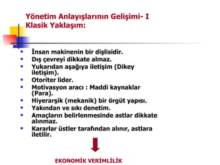 Yönetim Anlayışlarının Gelişimi- I Klasik Yaklaşım: İnsan makinenin bir dişlisidir. Dış çevreyi dikkate almaz. Yukarıdan aşağıya iletişim (Dikey iletişim). Otoriter lider. Motivasyon aracı : Maddi kaynaklar (Para).  Hiyerarşik (mekanik) bir örgüt yapısı. Yakından ve sıkı denetim. Amaçların belirlenmesinde astlar dikkate alınmaz. Kararlar üstler tarafından alınır, astlara iletilir. EKONOMİK VERİMLİLİK 