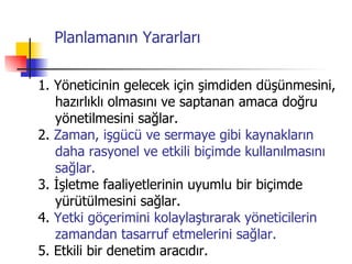 Planlamanın Yararları 1. Yöneticinin gelecek için şimdiden düşünmesini, hazırlıklı olmasını ve saptanan amaca doğru yönetilmesini sağlar. 2.  Zaman, işgücü ve sermaye gibi kaynakların  daha rasyonel ve etkili biçimde kullanılmasını sağlar. 3. İşletme faaliyetlerinin uyumlu bir biçimde yürütülmesini sağlar. 4.  Yetki göçerimini kolaylaştırarak yöneticilerin zamandan tasarruf etmelerini sağlar. 5. Etkili bir denetim aracıdır. 