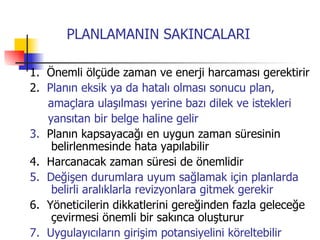 PLANLAMANIN SAKINCALARI 1.  Önemli ölçüde zaman ve enerji harcaması gerektirir 2.  Planın eksik ya da hatalı olması sonucu plan, amaçlara ulaşılması yerine bazı dilek ve istekleri yansıtan bir belge haline gelir 3.  Planın kapsayacağı en uygun zaman süresinin belirlenmesinde hata yapılabilir 4.  Harcanacak zaman süresi de önemlidir 5.  Değişen durumlara uyum sağlamak için planlarda belirli aralıklarla revizyonlara gitmek gerekir 6.  Yöneticilerin dikkatlerini gereğinden fazla geleceğe çevirmesi önemli bir sakınca oluşturur 7.  Uygulayıcıların girişim potansiyelini köreltebilir 
