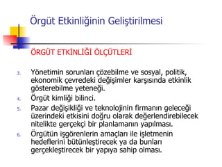 Örgüt Etkinliğinin Geliştirilmesi ÖRGÜT ETKİNLİĞİ ÖLÇÜTLERİ Yönetimin sorunları çözebilme ve sosyal, politik, ekonomik çevredeki değişimler karşısında etkinlik gösterebilme yeteneği. Örgüt kimliği bilinci. Pazar değişikliği ve teknolojinin firmanın geleceği üzerindeki etkisini doğru olarak değerlendirebilecek nitelikte gerçekçi bir planlamanın yapılması. Örgütün işgörenlerin amaçları ile işletmenin hedeflerini bütünleştirecek ya da bunları gerçekleştirecek bir yapıya sahip olması. 