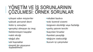 YÖNETİM VE İŞ SORUNLARININ
ÇÖZÜLMESİ: ÖRNEK SORUNLAR
şikayet eden müşteriler
yüksek personel devri
kötü iş sonuçları
gerçekçi olmayan öz imaj
beklenmeyen kayıplar
nakit eksiği
doğal afet
atıl kaynaklar
önemli bir piyasanın
kaybedilmesi
rekabet baskısı
eski kontrol sistemi
özgüven eksikliği veya fazlalığı
yanlış yatırım tercihi
kaçırılan fırsatlar
hareket yavaşlığı
değişim isteksizliği
kurum içi çatışmalar
 