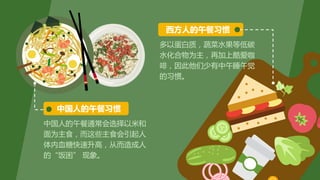 中国人的午餐习惯
西方人的午餐习惯
中国人的午餐通常会选择以米和
面为主食，而这些主食会引起人
体内血糖快速升高，从而造成人
的“饭困” 现象。
多以蛋白质，蔬菜水果等低碳
水化合物为主，再加上酷爱咖
啡，因此他们少有中午睡午觉
的习惯。
 
