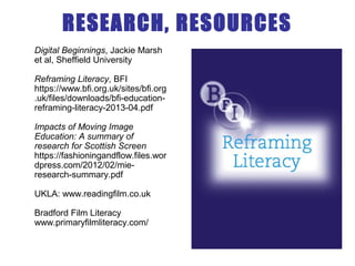RESEARCH, RESOURCES
Digital Beginnings, Jackie Marsh
et al, Sheffield University
Reframing Literacy, BFI
https://www.bfi.org.uk/sites/bfi.org
.uk/files/downloads/bfi-education-
reframing-literacy-2013-04.pdf
Impacts of Moving Image
Education: A summary of
research for Scottish Screen
https://fashioningandflow.files.wor
dpress.com/2012/02/mie-
research-summary.pdf
UKLA: www.readingfilm.co.uk
Bradford Film Literacy
www.primaryfilmliteracy.com/
 
