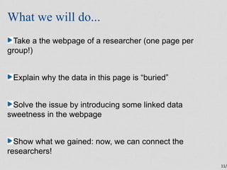 What we will do...
  Take a the webpage of a researcher (one page per
group!)


 Explain why the data in this page is “bur...