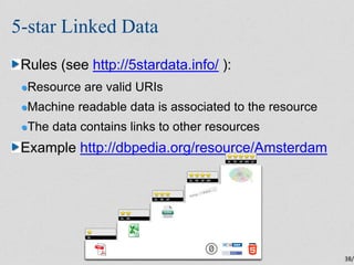5-star Linked Data
 Rules (see http://5stardata.info/ ):
  Resource are valid URIs
  Machine readable data is associated t...
