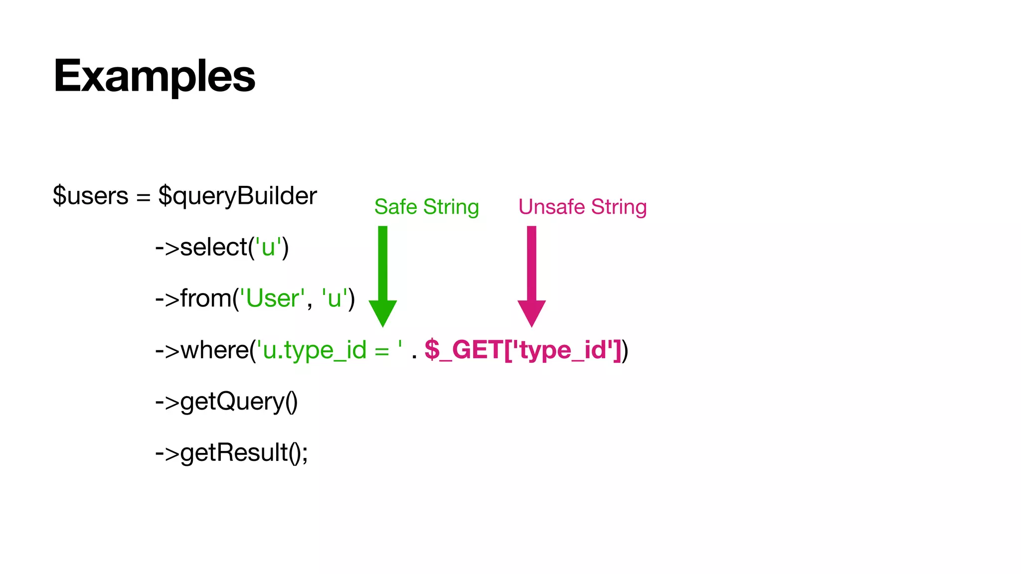 $users = $queryBuilder

	 ->select('u')

	 ->from('User', 'u')

	 ->where('u.type_id = ' . $_GET['type_id'])

	 ->getQuery()

	 ->getResult();
Unsafe StringSafe String
Examples
 