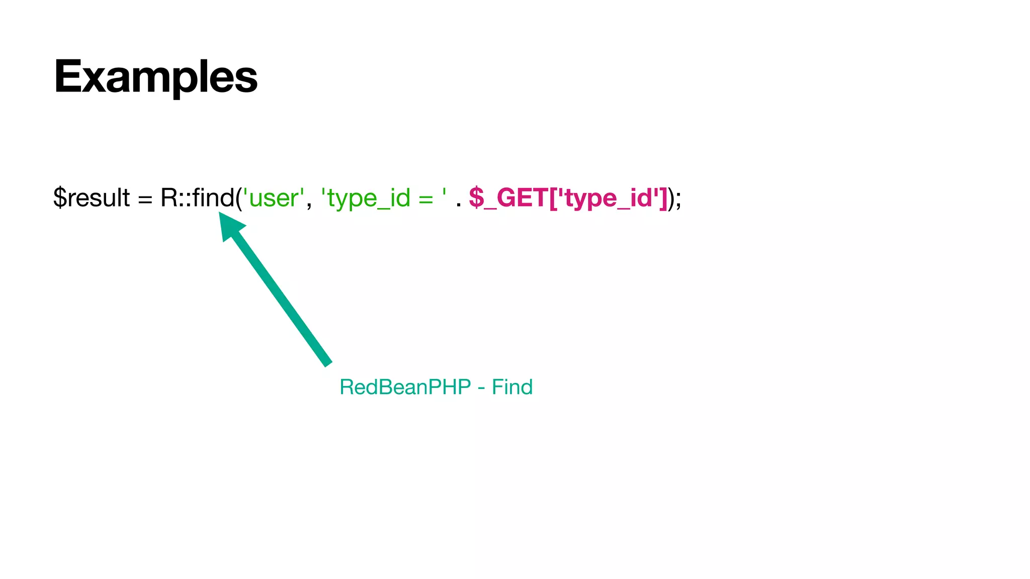 $result = R::ﬁnd('user', 'type_id = ' . $_GET['type_id']);
RedBeanPHP - Find
Examples
 