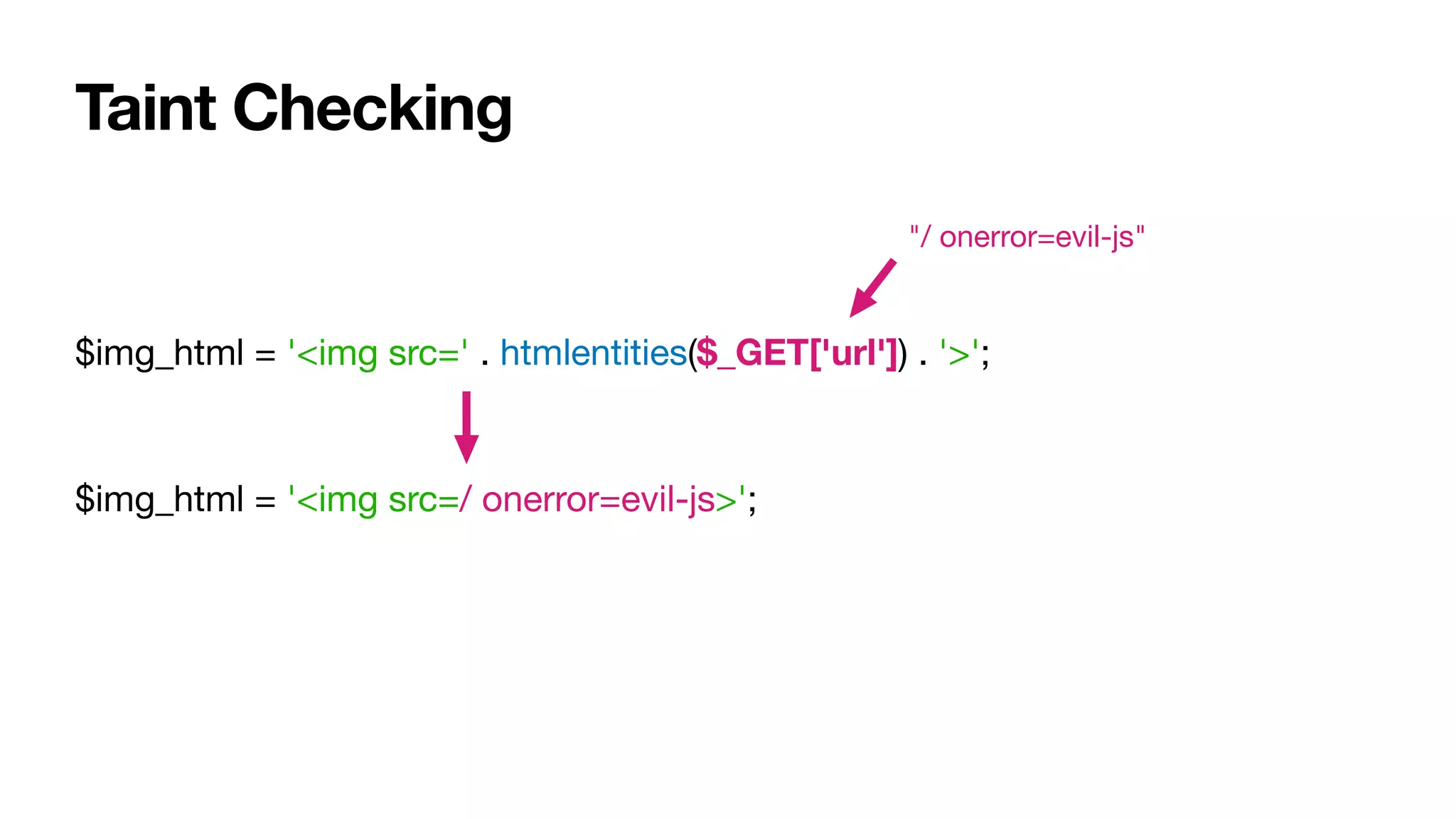 Taint Checking
$img_html = '<img src=' . htmlentities($_GET['url']) . '>';

$img_html = '<img src=/ onerror=evil-js>';
"/ onerror=evil-js"
 