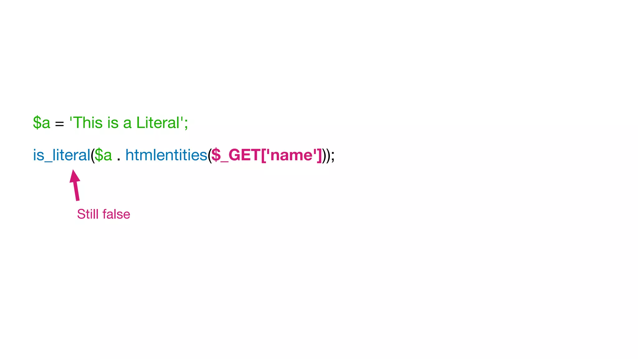 $a = 'This is a Literal';

is_literal($a . htmlentities($_GET['name']));
Still false
 