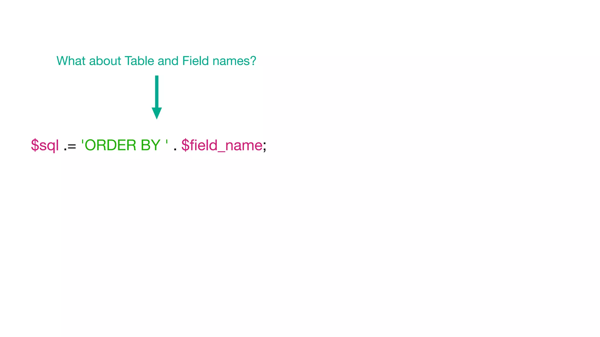 $sql .= 'ORDER BY ' . $ﬁeld_name;

What about Table and Field names?
 