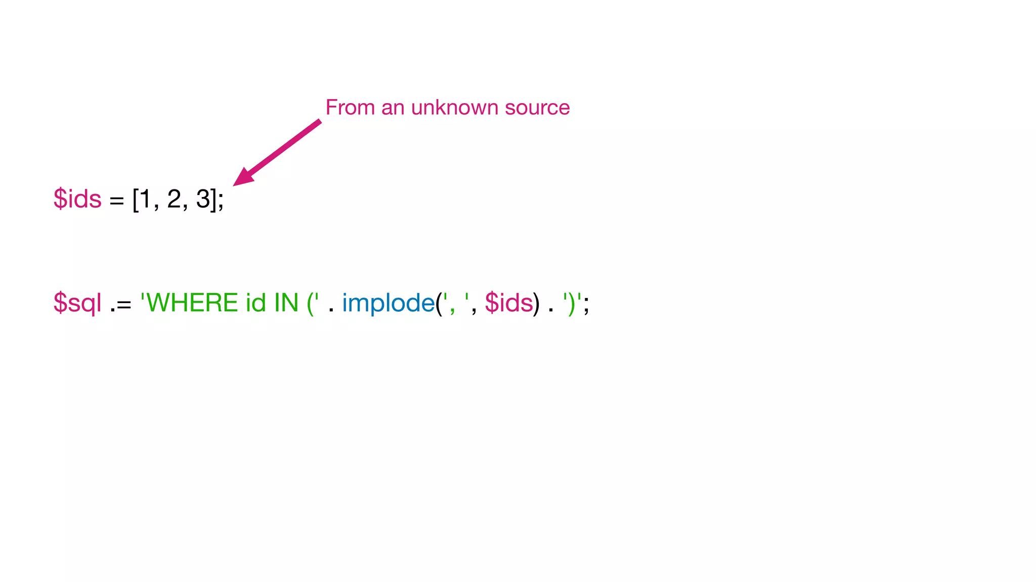 $ids = [1, 2, 3];

$sql .= 'WHERE id IN (' . implode(', ', $ids) . ')';

From an unknown source
 