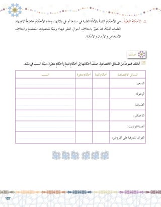 127
ِ‫الجتهاد‬ ٌ‫ة‬‫خا�ضع‬ ُ‫م‬‫أحكا‬‫ل‬‫ا‬ ‫وهذه‬ ،‫ها‬ِ‫ت‬‫دالل‬ ‫يف‬ ‫أو‬� ‫ها‬ ِ‫�سند‬ ‫يف‬ ِ‫الظنية‬ ِ‫ة‬َّ‫ل‬‫أد‬‫ل‬‫با‬ ُ‫ة‬‫الثابت‬ ُ‫م‬‫أحكا‬‫ل‬‫ا‬ َ‫هي‬ :ُ‫ة‬ِّ‫ير‬‫املتغ‬ ُ‫م‬‫أحكا‬‫ل‬‫ا‬ .2
ِ‫واختالف‬ ِ‫امل�صلحة‬ ِ‫ملقت�ضيات‬ ‫ا‬ً‫ع‬‫وتب‬ ‫فيها؛‬ ِ‫النظر‬ ِ‫أحوال‬� ِ‫باختالف‬ َُّ‫ير‬‫تتغ‬ ْ‫قد‬ َ‫لذلك‬ ،ِ‫ء‬‫العلما‬
.ِ‫أمكنة‬‫ل‬‫وا‬ ِ‫أزمان‬‫ل‬‫وا‬ ِ‫أ�شخا�ص‬‫ل‬‫ا‬
: ُ‫ف‬ِّ‫ن‬‫�ص‬ُ‫أ‬�
.‫ذلك‬ ‫يف‬ َ‫ال�سبب‬ ‫ا‬ً‫ن‬ِّ‫مبي‬ ،ٍ‫ة‬ ّ‫ر‬‫متغي‬ ٍ‫م‬‫أحكا‬�‫و‬ ٍ‫ة‬‫ثابت‬ ٍ‫م‬‫أحكا‬� ‫إىل‬� ‫ها‬َ‫م‬‫أحكا‬� ْ‫ف‬ِّ‫ن‬‫�ص‬ ،ِ‫ة‬‫االقت�صادي‬ ِ‫امل�سائل‬ َ‫من‬ ٌ‫ة‬‫جمموع‬ ‫ك‬َ‫م‬‫أما‬� G
‫االقت�صادية‬ ‫امل�سائل‬‫ثابتة‬ ‫أحكام‬�‫متغرية‬ ‫أحكام‬�‫ال�سبب‬
:‫الت�سعري‬....................................................
:‫الر�شوة‬....................................................
:‫ال�ضمان‬....................................................
:‫االحتكار‬....................................................
:‫املواريث‬ ‫أن�صبة‬�....................................................
:‫القرو�ض‬ ‫على‬ ‫امل�رصفية‬ ‫الفوائد‬....................................................
 