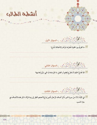 171171
:ُ‫أول‬‫ل‬‫ا‬ ‫ؤال‬�‫ال�س‬
‫؟‬ ِ‫باح‬ُ‫مل‬‫ا‬ ِ‫تالط‬ْ‫واالخ‬ ‫ا‬ً‫ع‬َْ‫شر‬� ِ‫ة‬‫م‬َّ‫ر‬َ‫ح‬ُ‫مل‬‫ا‬ ِ‫ة‬‫اخللو‬ ‫بني‬ ُ‫الفرق‬ ‫ما‬ G
.......................................................................................................................
.......................................................................................................................
:‫الثاين‬ ‫ؤال‬�‫ال�س‬
:‫الثالث‬ ‫ؤال‬�‫ال�س‬
‫بها؟‬ ‫ها‬ُ‫د‬ِ‫و‬َّ‫ز‬ُ‫ت‬َ‫�س‬ ‫ي‬ِ‫ت‬‫ال‬ ُ‫إر�شادات‬‫ل‬‫ا‬ ‫ا‬َ‫م‬ ، ِ‫ل‬َ‫م‬َ‫ع‬‫ال‬ ‫أو‬� ِ‫لم‬ِ‫ع‬‫لل‬ َ‫ج‬ُ‫ر‬ ْ‫تخ‬ ْ‫أن‬� ‫ك‬ُ‫ت‬‫أخ‬� ُ‫تاج‬ْ‫حت‬ ْ‫قد‬ G
.......................................................................................................................
.......................................................................................................................
‫ع‬َ‫م‬ َ‫ناف‬ ْ‫أ�ص‬‫ل‬‫ا‬ ِ‫ه‬‫ذ‬َ‫ه‬ ‫اذكر‬ ،‫أة‬�ْ‫املر‬ ِ‫ة‬‫زين‬ ‫إىل‬� ‫ظر‬ّ‫ن‬‫ال‬ ‫هم‬ِ‫أحد‬‫ل‬ ُ‫باح‬ُ‫ي‬ ‫ذين‬ّ‫ل‬‫ا‬ ِ‫جال‬ِّ‫الر‬ ‫ناف‬ ْ‫أ�ص‬� َ‫ر‬ِ‫ُك‬‫ذ‬ ‫النور‬ ِ‫ة‬‫�سور‬ ْ‫ن‬ِ‫م‬ )31( ُ‫ة‬‫آي‬‫ل‬‫ا‬ ‫يف‬ G
. ِ‫بب‬ ّ‫ال�س‬ ِ‫بيان‬
.......................................................................................................................
.......................................................................................................................
 