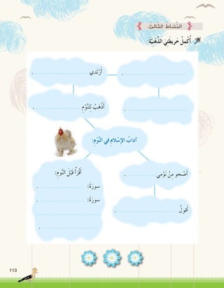 113
: ُ‫ِث‬‫ل‬‫ا‬ّ‫ث‬‫ال‬ ُ‫َّ�شاط‬‫ن‬‫ال‬
:َ‫ة‬َّ‫ي‬ِ‫ن‬ْ‫ه‬ِّ‫ذ‬‫ال‬ َ‫ي‬ِ‫ت‬َ‫ريط‬َ‫خ‬ ُ‫ل‬ِ‫م‬ْ‫ك‬ُ‫أ‬� 
. ..................... ِ‫م‬ْ‫و‬َّ‫ن‬‫ل‬ِ‫ل‬ ُ‫ب‬َ‫ْه‬‫ذ‬َ‫أ‬�
. ......................... ‫َدي‬‫ت‬ْ‫ر‬َ‫أ‬�
:ِ‫م‬ْ‫و‬َّ‫ن‬‫ال‬ ‫في‬ ِ‫م‬‫ال‬ ْ‫�س‬ِ‫إ‬‫ال‬ ُ‫آداب‬�
:ِ‫وم‬َّ‫ن‬‫ال‬ َ‫ل‬ْ‫َب‬‫ق‬ ُ‫أ‬�َ‫ْر‬‫ق‬َ‫أ‬�
. ..................... :َ‫ة‬َ‫�سور‬
. ..................... :َ‫ة‬َ‫�سور‬
..............................
. ..........................
. .............................
. ............. ‫مي‬ْ‫و‬َ‫ن‬ ْ‫ن‬ِ‫م‬ ‫حو‬ ْ‫�ص‬َ‫أ‬�
. ............................ ُ‫قول‬َ‫أ‬�
. .............................
 