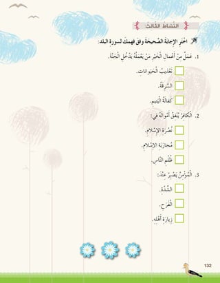 132
: ُ‫ِث‬‫ل‬‫ا‬ّ‫ث‬‫ال‬ ُ‫َّ�شاط‬‫ن‬‫ال‬
:‫البلد‬ ِ‫ة‬‫ل�سور‬ َ‫فهمك‬ َ‫وفق‬ َ‫ة‬َ‫حيح‬ َّ‫ال�ص‬ َ‫ة‬َ‫ب‬‫جا‬ِ‫إ‬‫ل‬‫ا‬ ِ‫ر‬َ‫ت‬ْ‫اخ‬ 
.َ‫ة‬َّ‫ن‬ َ‫ج‬ْ‫ل‬‫ا‬ ِ‫ل‬ ُ‫خ‬ْ‫د‬َ‫ي‬ ُ‫ه‬ْ‫ل‬َ‫م‬ْ‫ع‬َ‫ي‬ ْ‫ن‬َ‫م‬ ِ‫ر‬ْ‫ي‬ َ‫خ‬ْ‫ل‬‫ا‬ ِ‫مال‬ْ‫ع‬َ‫أ‬� ْ‫ن‬ِ‫م‬ ٌ‫ل‬َ‫م‬َ‫ع‬ .1
. ِ‫وانات‬َ‫ي‬ َ‫ح‬ْ‫ل‬‫ا‬ ُ‫ذيب‬ْ‫َع‬‫ت‬ 		
.ُ‫ة‬َ‫ق‬ِ‫ر‬ َّ‫ال�س‬ 		
. ِ‫تيم‬َ‫ي‬ْ‫ل‬‫ا‬ ُ‫ة‬َ‫ل‬‫فا‬َ‫ك‬ 		
:‫في‬ ُ‫ه‬َ‫ل‬‫وا‬ْ‫م‬َ‫أ‬� ُ‫ق‬ِ‫ف‬ْ‫ن‬ُ‫ي‬ ُ‫ر‬ِ‫ف‬‫كا‬ْ‫ل‬‫ا‬ .2
.ِ‫الم‬ ْ‫�س‬ِ‫إ‬‫ل‬‫ا‬ ِ‫ة‬َ‫ر‬ ْ‫�ص‬ُ‫ن‬ 		
.ِ‫الم‬ ْ‫�س‬ِ‫إ‬‫ل‬‫ا‬ ِ‫ة‬َ‫ب‬َ‫حار‬ُ‫م‬ 		
. ِ‫ا�س‬َّ‫ن‬‫ال‬ ِ‫م‬ْ‫ل‬ ُ‫ظ‬ 		
:َ‫د‬ْ‫ن‬ ِ‫ع‬ ُ‫ِر‬‫ب‬ ْ‫�ص‬َ‫ي‬ ُ‫ن‬ِ‫م‬ْ‫ؤ‬�ُ‫م‬ْ‫ل‬‫ا‬ .3
.ِ‫ة‬َّ‫د‬ ِّ‫ال�ش‬ 		
. ِ‫ح‬َ‫َر‬‫ف‬ْ‫ل‬‫ا‬ 		
.ِ‫ه‬ِ‫ل‬ْ‫ه‬َ‫أ‬� ِ‫ة‬َ‫يار‬ِ‫ز‬ 		
 