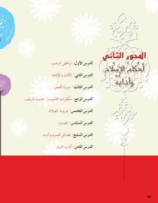 62
.‫الو�ضوء‬ ‫نواق�ض‬ :‫أول‬‫ل‬‫ا‬ ‫الدر�س‬
.‫إقامة‬‫ل‬‫وا‬ ‫أذان‬‫ل‬‫ا‬ :‫الثاني‬ ‫الدر�س‬
.‫الفجر‬ ‫�سورة‬ :‫الثالث‬ ‫الدر�س‬
.‫�شريف‬ ‫حديث‬ :‫الذنوب‬ ‫مكفرات‬ :‫الرابع‬ ‫الدر�س‬
.‫ال�صالة‬ ‫�شروط‬ :‫الخام�س‬ ‫الدر�س‬
.‫ال�صوم‬ :‫ال�ساد�س‬ ‫الدر�س‬
.‫آدابه‬�‫و‬ ‫ال�صوم‬ ‫ف�ضائل‬ :‫ال�سابع‬ ‫الدر�س‬
.‫النوم‬ ‫آداب‬� :‫الثامن‬ ‫الدر�س‬
 