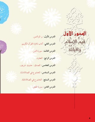6
.‫الوالدين‬ ‫بر‬ :‫أول‬‫ل‬‫ا‬ ‫الدر�س‬
.‫الكريم‬ ‫آن‬�‫القر‬ ‫تالوة‬ ‫آداب‬� :‫الثاني‬ ‫الدر�س‬
.‫التين‬ ‫�سورة‬ :‫الثالث‬ ‫الدر�س‬
.‫التعاون‬ :‫الرابع‬ ‫الدر�س‬
.‫�شريف‬ ‫حديث‬ :‫ال�صدق‬ :‫الخام�س‬ ‫الدر�س‬
.)1( ‫ال�صالة‬ ‫في‬ ‫الخ�شوع‬ :‫ال�ساد�س‬ ‫الدر�س‬
.)2( ‫ال�صالة‬ ‫في‬ ‫الخ�شوع‬ :‫ال�سابع‬ ‫الدر�س‬
.‫العلق‬ ‫�سورة‬ :‫الثامن‬ ‫الدر�س‬
 