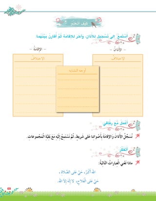 :ُ‫م‬َّ‫ل‬َ‫َع‬‫ت‬َ‫أ‬� َ‫ف‬ْ‫ي‬َ‫ك‬
:‫ما‬ُ‫ه‬َ‫ن‬ْ‫ي‬َ‫ب‬ ُ‫ن‬ِ‫ر‬‫قا‬ُ‫أ‬� َّ‫م‬ُ‫ث‬ ِ‫ة‬َ‫قام‬ِ‫إ‬‫ل‬ِ‫ل‬ َ‫ر‬ َ‫آخ‬�َ‫و‬ ،ِ‫ذان‬َ‫أ‬‫ل‬ِ‫ل‬ ٍ‫جيل‬ ْ‫َ�س‬‫ت‬ ‫ىل‬ِ‫إ‬� ُ‫ع‬ِ‫َم‬‫ت‬ ْ‫�س‬َ‫أ‬�
. ِ‫موعات‬ ْ‫ج‬َ‫م‬ْ‫ل‬‫ا‬ ِ‫ة‬َّ‫ي‬ِ‫ق‬َ‫ب‬ َ‫ع‬َ‫م‬ ِ‫ه‬ْ‫ي‬َ‫ل‬ِ‫إ‬� ُ‫ع‬ِ‫م‬َ‫ت‬ ْ‫�س‬َ‫ن‬ َّ‫ُم‬‫ث‬ ، ٍ‫ريط‬َ‫�ش‬ ‫لى‬َ‫ع‬ ‫نا‬ِ‫ت‬‫وا‬ ْ‫�ص‬َ‫أ‬�ِ‫ب‬ َ‫ة‬َ‫م‬‫إقا‬‫ل‬‫ا‬َ‫و‬ َ‫ذان‬َ‫أ‬‫ل‬‫ا‬ ُ‫ل‬ِّ‫ج‬ َ‫�س‬ُ‫ن‬ 
:‫اقي‬َ‫ف‬ِ‫ر‬ َ‫ع‬َ‫م‬ ُ‫ل‬َ‫م‬ ْ‫ع‬َ‫أ‬�
:ُ‫ة‬َ‫ي‬ِ‫ل‬‫ا‬ّ‫ت‬‫ال‬ ُ‫بارات‬ِ‫ع‬ْ‫ل‬‫ا‬ ‫ني‬ْ‫ع‬َ‫ت‬ ‫ماذا‬ 
، ِ‫الة‬ َّ‫ال�ص‬ ‫لى‬َ‫ع‬ َّ‫ي‬ َ‫ح‬ ،ُ‫ر‬َ‫ب‬ْ‫ك‬َ‫أ‬� ‫اهلل‬
.‫اهلل‬ َ‫ال‬ِ‫إ‬� َ‫ه‬َ‫ل‬ِ‫إ‬� ‫ال‬ ، ِ‫َالح‬‫ف‬ْ‫ل‬‫ا‬ ‫لى‬َ‫ع‬ َّ‫ي‬ َ‫ح‬
:ُ‫ر‬َّ‫ك‬َ‫ف‬َ‫ت‬َ‫أ‬�
- ُ‫ذان‬َ‫أ‬‫ل‬‫ا‬ -- ُ‫ة‬َ‫م‬‫قا‬ِ‫إ‬‫ل‬‫ا‬ -
ُ‫االختالف‬ُ‫االختالف‬
‫الت�شابه‬ ‫أوجه‬�
...........................
...........................
...........................
...........................
...........................
...........................
...........................
...........................
...........................
...........................
...........................
...........................
...........................
...........................
...........................
...........................
69
 