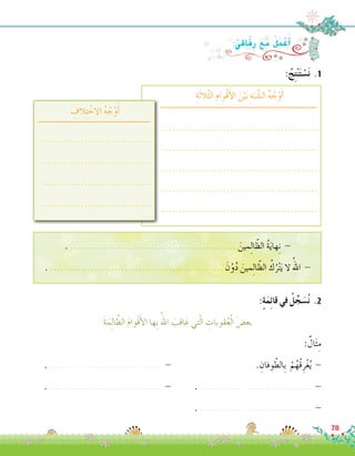 :ٍ‫ة‬َ‫م‬ِ‫ئ‬‫قا‬ ‫في‬ ُ‫ل‬ِّ‫ج‬ َ‫�س‬ُ‫ن‬ .2
َ‫ة‬َ‫م‬ِ‫ل‬‫ا‬ َّ‫الظ‬ َ‫م‬‫ْوا‬‫ق‬َ‫أ‬‫ل‬‫ا‬ ‫ِها‬‫ب‬ ُ‫اهلل‬ َ‫اقب‬َ‫ع‬ ‫تي‬ّ‫ل‬‫ا‬ ِ‫قوبات‬ُ‫ع‬ْ‫ل‬‫ا‬ َ‫ض‬�‫بع‬
:ٌ‫ال‬َ‫ث‬ِ‫م‬
. ................................. - 				. ِ‫وفان‬ ّ‫ِالط‬‫ب‬ ْ‫م‬ُ‫ُه‬‫ق‬ِ‫ر‬ْ‫غ‬ُ‫ي‬ -
. ................................. - 		. ................................. -
. ................................. -
:ُ‫اقي‬َ‫ف‬ِ‫ر‬ َ‫ع‬َ‫م‬ ُ‫ل‬َ‫م‬ ْ‫ع‬َ‫أ‬�
ِ‫ة‬َ‫ث‬‫ال‬َّ‫ث‬‫ال‬ ِ‫ْوام‬‫ق‬َ‫أ‬‫ل‬‫ا‬ َ‫ن‬ْ‫ي‬َ‫ب‬ ِ‫ه‬َ‫ب‬ َّ‫ال�ش‬ ُ‫ه‬ ُ‫ج‬ْ‫و‬َ‫أ‬�
ِ‫الف‬ِ‫ت‬ ْ‫االخ‬ ُ‫ه‬ ُ‫ج‬ْ‫و‬َ‫أ‬�
..............................................
..............................................
..............................................
..............................................
..............................................
.................................
.................................
.................................
.................................
:ُ‫ج‬ِ‫ت‬ْ‫ن‬َ‫ت‬ ْ‫�س‬َ‫ن‬ .1
. ................................................. َ‫مين‬ِ‫ل‬‫ا‬ ّ‫الظ‬ ُ‫ة‬َ‫ي‬‫ها‬ِ‫ن‬ -
. ................................................... َ‫ن‬ْ‫و‬ُ‫د‬ َ‫مين‬ِ‫ل‬‫ا‬ ّ‫الظ‬ ُ‫ك‬ُ‫ر‬ْ‫ت‬َ‫ي‬ ‫ال‬ ُ‫اهلل‬ -
78
 