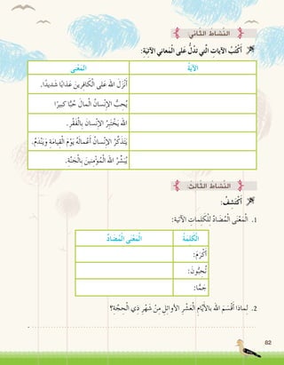 82
ُ‫ة‬َ‫م‬ِ‫ل‬َ‫ك‬ْ‫ل‬‫ا‬ُّ‫د‬‫ا‬ َ‫�ض‬ُ‫م‬ْ‫ل‬‫ا‬ ‫ى‬َ‫ن‬ْ‫ع‬َ‫م‬ْ‫ل‬‫ا‬
:َ‫م‬َ‫ر‬ْ‫ك‬َ‫أ‬�
: َ‫ون‬ُّ‫ب‬ ِ‫ُح‬‫ت‬
:‫ا‬ًّ‫م‬ َ‫ج‬
:ِ‫ة‬َ‫ي‬ِ‫ت‬‫آ‬‫ل‬‫ا‬ ‫عاني‬َ‫م‬ْ‫ل‬‫ا‬ ‫لى‬َ‫ع‬ ُّ‫ل‬ُ‫د‬‫ت‬ ‫تي‬َّ‫ل‬‫ا‬ ِ‫آيات‬‫ل‬‫ا‬ ُ‫ب‬ُ‫ت‬ْ‫ك‬َ‫أ‬� 
:‫اين‬ّ‫ث‬‫ال‬ ُ‫َّ�شاط‬‫ن‬‫ال‬
: ُ‫ف‬ ِ‫�ش‬َ‫ت‬ْ‫ك‬َ‫أ‬� 
:‫آتية‬‫ل‬‫ا‬ ِ‫مات‬ِ‫ل‬ َ‫ك‬ْ‫ل‬ِ‫ل‬ َّ‫د‬‫ا‬ َ‫�ض‬ُ‫م‬ْ‫ل‬‫ا‬ ‫ى‬َ‫ن‬ْ‫ع‬َ‫م‬ْ‫ل‬‫ا‬ .1
: ُ‫ِث‬‫ل‬‫ا‬ّ‫ث‬‫ال‬ ُ‫َّ�شاط‬‫ن‬‫ال‬
ُ‫ة‬َ‫ي‬‫آ‬‫ل‬‫ا‬‫نى‬ْ‫ع‬َ‫الم‬
.‫ا‬ً‫ديد‬ َ‫�ش‬ ‫ا‬ً‫ب‬‫ذا‬َ‫ع‬ َ‫رين‬ِ‫ف‬‫ا‬ َ‫ك‬ْ‫ل‬‫ا‬ ‫لى‬َ‫ع‬ ‫اهلل‬ َ‫ل‬َ‫ز‬ْ‫ن‬َ‫أ‬�
‫ا‬ً‫كبير‬ ‫ا‬ًّ‫ب‬ ُ‫ح‬ َ‫مال‬ْ‫ل‬‫ا‬ ُ‫�سان‬ْ‫ن‬ِ‫إ‬‫ل‬‫ا‬ ُّ‫ب‬ ِ‫ح‬ُ‫ي‬
.ِ‫ْر‬‫ق‬َ‫ف‬ْ‫ل‬‫ِا‬‫ب‬ َ‫�سان‬ْ‫ن‬ِ‫إ‬‫ل‬‫ا‬ ُ‫ِر‬‫ب‬َ‫ت‬ ْ‫خ‬َ‫ي‬ ‫اهلل‬
.ُ‫م‬َ‫د‬ْ‫ن‬َ‫ي‬َ‫و‬ ِ‫ة‬َ‫م‬‫يا‬ِ‫ق‬ْ‫ل‬‫ا‬ َ‫م‬ْ‫و‬َ‫ي‬ ُ‫ه‬َ‫ل‬‫ما‬ْ‫ع‬َ‫أ‬� ُ‫�سان‬ْ‫ن‬ِ‫إ‬‫ل‬‫ا‬ ُ‫ر‬َّ‫ك‬َ‫ذ‬َ‫ت‬َ‫ي‬
.ِ‫ة‬َّ‫ن‬ َ‫ج‬ْ‫ل‬‫ِا‬‫ب‬ َ‫نين‬ِ‫م‬ْ‫ؤ‬�ُ‫م‬ْ‫ل‬‫ا‬ ‫اهلل‬ ُ‫ر‬ ِّ‫�ش‬َ‫ب‬ُ‫ي‬
‫؟‬ِ‫ة‬ َّ‫ج‬ ِ‫ح‬ْ‫ل‬‫ا‬ ‫ي‬ِ‫ذ‬ ِ‫ر‬ْ‫ه‬ َ‫�ش‬ ْ‫ن‬ِ‫م‬ ِ‫ل‬ِ‫ئ‬‫أوا‬‫ل‬‫ا‬ ِ‫ر‬ ْ‫�ش‬َ‫ع‬ْ‫ل‬‫ا‬ ِ‫ام‬َّ‫ي‬َ‫أ‬‫ل‬‫با‬ ‫اهلل‬ َ‫م‬ َ‫ْ�س‬‫ق‬َ‫أ‬� ‫ماذا‬ِ‫ل‬ .2
. ...................................................................................
 