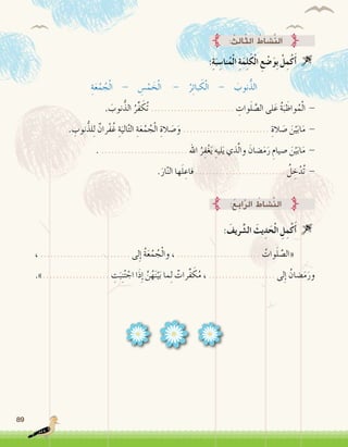 89
: ُ‫ِث‬‫ل‬‫ا‬ّ‫ث‬‫ال‬ ُ‫َّ�شاط‬‫ن‬‫ال‬
:ِ‫ة‬َ‫ب‬ ِ‫نا�س‬ُ‫م‬ْ‫ل‬‫ا‬ ِ‫ة‬َ‫م‬ِ‫ل‬َ‫ك‬ْ‫ل‬‫ا‬ ِ‫ع‬ ْ‫�ض‬َ‫و‬ِ‫ب‬ ْ‫ل‬ِ‫م‬ْ‫ك‬َ‫أ‬� 
ِ‫ة‬َ‫ع‬ُ‫م‬ ُ‫ج‬ْ‫ل‬‫ا‬ - ِ‫�س‬ْ‫م‬ َ‫خ‬ْ‫ل‬‫ا‬ - ُ‫ر‬ِ‫ئ‬‫با‬ َ‫ك‬ْ‫ل‬‫ا‬ - َ‫نوب‬ُّ‫الذ‬
. َ‫نوب‬ُّ‫الذ‬ ُ‫ِّر‬‫ف‬ َ‫ُك‬‫ت‬ ......................... ِ‫وات‬َ‫ل‬ َّ‫ال�ص‬ ‫لى‬َ‫ع‬ ُ‫ة‬َ‫ب‬ َ‫واظ‬ُ‫م‬ْ‫ل‬‫ا‬ -
. ِ‫نوب‬ُّ‫لذ‬ِ‫ل‬ ٌ‫ْران‬‫ف‬ُ‫غ‬ ِ‫ة‬َ‫الي‬َّ‫ت‬‫ال‬ ِ‫ة‬َ‫ع‬ُ‫م‬ ُ‫ج‬ْ‫ل‬‫ا‬ ِ‫الة‬ َ‫�ص‬َ‫و‬ .......................... ِ‫الة‬ َ‫�ص‬ َ‫ن‬ْ‫ي‬َ‫ب‬‫ا‬َ‫م‬ -
. .......................... ‫اهلل‬ ُ‫ر‬ِ‫ف‬ْ‫غ‬َ‫ي‬ ِ‫ليه‬َ‫ي‬ ‫ذي‬َّ‫ل‬‫وا‬ َ‫�ضان‬َ‫م‬َ‫ر‬ ِ‫�صيام‬ َ‫ن‬ْ‫ي‬َ‫ب‬‫ا‬َ‫م‬ -
.َ‫ار‬ّ‫ن‬‫ال‬ ‫ها‬َ‫ل‬ ِ‫فاع‬ ........................... ُ‫ل‬ ِ‫خ‬ْ‫ُد‬‫ت‬ -
:ُ‫ع‬ِ‫ب‬‫ا‬َّ‫ر‬‫ال‬ ُ‫َّ�شاط‬‫ن‬‫ال‬
: َ‫ريف‬ َّ‫ال�ش‬ َ‫يث‬ِ‫د‬َ‫ح‬ْ‫ل‬‫ا‬ ِ‫ل‬ِ‫م‬ْ‫ك‬َ‫أ‬� 
، ........................... ‫لى‬ِ‫إ‬� ُ‫ة‬َ‫ع‬ُ‫م‬ ُ‫ج‬ْ‫ل‬‫وا‬ ، ......................... ُ‫وات‬َ‫ل‬ َّ‫«ال�ص‬ 	
.».................... ِ‫ت‬َ‫ب‬ِ‫ن‬ُ‫ت‬ ْ‫اج‬ ‫ا‬َ‫ذ‬ِ‫إ‬� َّ‫ن‬ُ‫ه‬َ‫ن‬ْ‫ي‬َ‫ب‬ ‫ما‬ِ‫ل‬ ٌ‫ِّرات‬‫ف‬ َ‫ك‬ُ‫م‬ ، .................... ‫لى‬ِ‫إ‬� ُ‫�ضان‬َ‫م‬َ‫ور‬
 