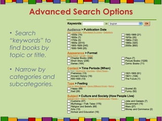 • Search
“keywords” to
find books by
topic or title.
• Narrow by
categories and
subcategories.
Advanced Search Options
 