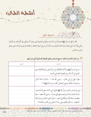 107107
:ُ‫أول‬‫ل‬‫ا‬ ُ‫ؤال‬�‫ال�س‬
.3901 ‫رقم‬ ‫حديث‬ ،‫أحمد‬� ‫رواه‬ )4( .241‫�ص‬ ،‫اخل�رضي‬ ‫حممد‬ :‫املر�سلني‬ ‫�سيد‬ ‫�سرية‬ ‫يف‬ ‫اليقني‬ ‫نور‬ )3(
، ٍّ‫ع�سكري‬ ٍ‫قائد‬ ُّ‫ل‬ُ‫ك‬ ‫بها‬ ‫ى‬ّ‫ل‬‫يتح‬ ْ‫أن‬� ُ‫يجب‬ ‫التي‬ ِ‫ئ‬ِ‫واملباد‬ ِ‫والقيم‬ ِ‫مات‬ ِّ‫ال�س‬ َ‫ن‬ِ‫م‬ ً‫ة‬‫جمموع‬ h ُ‫الر�سول‬ َ‫خ‬ َّ‫ر�س‬ ْ‫لقد‬ 	
ِ‫عيد‬ َ‫�ص‬ ‫على‬ ‫هذا‬ ‫نا‬ِ‫يوم‬ ‫إىل‬� ِ‫واجلامعات‬ ِ‫املعاهد‬ ِ‫ق‬َ‫أعر‬� ‫يف‬ ُ‫ُدر�س‬‫ت‬ ْ‫ت‬َ‫ل‬‫زا‬ ‫وما‬ ،ِ‫ة‬ّ‫ي‬‫الع�سكر‬ ِ‫ال�سيا�سة‬ ِ‫عامل‬ ‫يف‬ ‫ا‬ ً‫أ�س�س‬� ُّ‫ُعد‬‫ت‬ ‫تي‬ّ‫ل‬‫وا‬
. ِ‫لم‬ ِّ‫وال�س‬ ِ‫احلرب‬
:‫إليها‬� ُ‫ت�شري‬ ‫تي‬ّ‫ل‬‫ا‬ ِ‫ة‬ّ‫ي‬‫الع�سكر‬ ِ‫ة‬ّ‫ي‬‫القياد‬ َ‫يم‬ِ‫ق‬‫وال‬ ِ‫مات‬ ِّ‫ال�س‬ ِ‫ا�ستنتج‬ ،ِ‫ة‬‫التالي‬ ِ‫أحداث‬‫ل‬‫ا‬ ِ‫خالل‬ ْ‫من‬ G
ُ‫احلدث‬ُ‫ة‬َ‫م‬ ِ‫ال�س‬
‫على‬،ِ‫ة‬ّ‫أغلبي‬‫ل‬‫ا‬ ِ‫أي‬�‫ر‬‫على‬ ً‫ا‬‫زول‬ُ‫ن‬ ٍ‫ُري�ش‬‫ق‬ ِ‫ملالقاة‬ ٍ‫د‬ ُ‫ح‬ُ‫أ‬� َ‫م‬‫يو‬h ُ‫الر�سول‬ َ‫خرج‬ -
.ِ‫املدينة‬ ‫يف‬ ِ‫ء‬‫البقا‬ َ‫ة‬‫أف�ضلي‬� ‫يرى‬ َ‫كان‬ ‫ه‬ّ‫ن‬‫أ‬� ْ‫ن‬ِ‫م‬ ‫غم‬َّ‫الر‬
........................................
........................................
ُ‫أ�س‬�‫الب‬ َّ‫د‬َ‫ت‬‫ا�ش‬ ‫إذا‬� ‫ا‬ّ‫ن‬‫«ك‬ :- ُ‫ه‬‫عن‬ ُ‫اهلل‬ َ‫ي‬ ِ‫�ض‬َ‫ر‬ - ٍ‫طالب‬ ‫أبي‬� ُ‫بن‬ ُّ‫علي‬ ُ‫يقول‬ -
.)3(
»h ِ‫هلل‬‫ا‬ ِ‫بر�سول‬ ‫َينا‬‫ق‬ّ‫ت‬‫ا‬ ُ‫الوطي�س‬ َ‫ي‬ ِ‫م‬ َ‫وح‬ ُ‫ق‬َ‫د‬َ‫حل‬‫ا‬ ‫ت‬َّ‫واحمر‬
........................................
........................................
،َ‫ني‬‫امل�سلم‬ ِ‫ة‬َ‫ز‬‫بحو‬ ْ‫ت‬َ‫ن‬‫كا‬ ‫التي‬ َ‫ِل‬‫ب‬‫إ‬‫ل‬‫ا‬ h ‫اهلل‬ ُ‫ر�سول‬ َ‫م‬ َّ‫ق�س‬ ،ٍ‫بدر‬ ِ‫غزوة‬ ‫يف‬ -
ٌ‫بعري‬-‫عنهما‬ ُ‫اهلل‬ َ‫ر�ضي‬- ٍ‫د‬َ‫ث‬‫ر‬َ‫م‬‫و‬ ِّ‫علي‬ َ‫مع‬‫ِه‬‫ب‬‫�صي‬َ‫ن‬ ْ‫ن‬ِ‫م‬ َ‫وكان‬،‫ِه‬‫ب‬‫أ�صحا‬� َْ‫ين‬‫ب‬
»ِ‫هلل‬‫ا‬ َ‫ر�سول‬ ‫يا‬ َ‫ك‬ْ‫ن‬‫ع‬ ‫من�شي‬ ُ‫«نحن‬ :ِ‫ري‬‫البع‬ ‫يف‬ ُ‫ه‬‫ا‬ َ‫�رشيك‬ َ‫قال‬ ‫ا‬ّ‫ولم‬ ،‫ه‬َ‫ن‬‫يتعقبو‬
.)4(
»‫ما‬ ُ‫منك‬ ِ‫أجر‬‫ل‬‫ا‬ ِ‫ن‬َ‫ع‬ ‫ى‬َ‫ن‬‫أغ‬�‫ب‬ ‫ا‬َ‫ن‬‫أ‬� ‫وال‬ ،‫ي‬ّ‫ن‬ِ‫م‬ ‫ى‬ْ‫أقو‬�‫ب‬ ‫م‬ُ‫ت‬‫أن‬� ‫«ما‬ :‫ما‬ُ‫ه‬َ‫ب‬‫أجا‬�
........................................
........................................
........................................
........................................
 