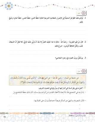 11
ْ‫ح‬ ّ‫و�ض‬ ) ِ‫المال‬ ُ‫حفظ‬ ، ِ‫النف�س‬ ُ‫حفظ‬ ، ِ‫الدين‬ ُ‫(حفظ‬ ِ‫ة‬‫التالي‬ ِ‫ة‬‫ال�شرعي‬ ِ‫د‬ ِ‫بالمقا�ص‬ ِ‫ر‬‫إ�ضرا‬‫ل‬‫ا‬ ‫إلى‬� ُ‫ة‬ّ‫ال�سلبي‬ ُ‫الظواهر‬ َ‫تلك‬ ‫ي‬ّ‫د‬‫ؤ‬�ُ‫ت‬ .1
.‫ذلك‬
.......................................................................................................................
.......................................................................................................................
.......................................................................................................................
.......................................................................................................................
َ‫يطان‬ َ‫ال�ش‬ َّ‫ن‬‫أ‬� َّ‫ظن‬ََ‫ت‬ ‫ال‬َ‫ف‬ ،ُّ‫لي‬َ‫و‬‫ال‬ َ‫ك‬ْ‫ن‬‫ع‬ ‫ى‬َّ‫ل‬َ‫و‬َ‫ت‬ ْ‫أن‬� َ‫د‬ْ‫ع‬َ‫ب‬ ‫إال‬� ُّ‫و‬‫د‬َ‫ع‬‫ال‬ َ‫ك‬ْ‫لي‬َ‫ع‬ ‫دا‬َ‫ع‬ ‫ا‬َ‫م‬ ِ‫هلل‬‫«تا‬ :ُ‫اهلل‬ ُ‫ه‬َ‫رحم‬ - َ‫ة‬‫وزي‬َ‫الج‬ ِ‫م‬ِّ‫قي‬ ُ‫ابن‬ َ‫قال‬ .2
.‫ذلك‬ ْ‫ا�شرح‬ .» َ‫�ض‬َ‫ر‬ْ‫ع‬َ‫أ‬� َ‫ظ‬ِ‫ف‬‫ا‬َ‫الح‬ َّ‫ولكن‬ ، َ‫ب‬َ‫ل‬َ‫غ‬
.......................................................................................................................
.......................................................................................................................
‫عا�صي؟‬َ‫الم‬ ِ‫د‬‫وجو‬ َ‫ع‬‫م‬ ِ‫الغيث‬ َ‫نزول‬ ُ‫ّل‬‫ل‬‫ع‬ُ‫ت‬ َ‫ِم‬‫ب‬ .3
.......................................................................................................................
.......................................................................................................................
:ُ ِّ‫ن‬‫بي‬ُ‫أ‬�
.2169 ‫رقم‬ ،‫الرتمذي‬ ‫رواه‬ )2(
:ُ ِّ‫ن‬‫بي‬ُ‫أ‬�
ِ‫وف‬ُ‫ر‬ْ‫ع‬َ‫م‬ْ‫ل‬‫ِا‬‫ب‬ َّ‫ن‬ُ‫ر‬ُ‫م‬‫أ‬�َ‫ت‬َ‫ل‬ ِ‫ه‬ ِ‫د‬َ‫ِي‬‫ب‬ ‫ْ�سي‬‫ف‬َ‫ن‬ ‫ذي‬َّ‫ل‬‫ا‬َ‫“و‬ : َ‫قال‬ h ِّ‫النبي‬ ِ‫عن‬ - ُ‫ه‬‫عن‬ ُ‫اهلل‬ َ‫ي‬ ِ‫�ض‬َ‫ر‬ - ِ‫اليمان‬ ِ‫بن‬ َ‫ة‬‫حذيف‬ ‫عن‬ 	
.)2(
”ْ‫م‬ ُ‫ك‬َ‫ل‬ ُ‫اب‬ َ‫ج‬َ‫ت‬ ْ‫�س‬ُ‫ي‬ َ‫ال‬َ‫ف‬ ُ‫ه‬َ‫ن‬‫و‬ُ‫ع‬ْ‫َد‬‫ت‬ َّ‫م‬ُ‫ث‬ ،ُ‫ه‬ْ‫ن‬ِ‫م‬ ‫ا‬ً‫ب‬‫قا‬ ِ‫ع‬ ْ‫م‬ ُ‫ك‬ْ‫ي‬َ‫ل‬َ‫ع‬ َ‫ث‬َ‫ع‬ْ‫ب‬َ‫ي‬ ْ‫أن‬� ُ‫اهلل‬ َّ‫ن‬ َ‫ك‬ ِ‫و�ش‬ُ‫ي‬َ‫ل‬ ْ‫و‬َ‫أ‬� ِ‫ر‬ َ‫ك‬ْ‫ن‬ُ‫م‬ْ‫ل‬‫ا‬ ِ‫ن‬َ‫ع‬ َّ‫ن‬ُ‫و‬َ‫ه‬ْ‫ن‬َ‫ت‬َ‫ل‬َ‫و‬
: ِ‫ال�شريف‬ ِ‫الحديث‬ ‫في‬ h ُ‫الر�سول‬ ‫إليها‬� َ‫ر‬‫أ�شا‬� ‫التي‬ ِ‫ة‬ّ‫ن‬‫ال�س‬ َ‫وفق‬ ‫يلي‬ ‫ما‬ ْ‫أكمل‬� G
...... ْ‫ن‬ِ‫م‬ ِ‫ع‬َ‫تم‬ ْ‫ج‬ُ‫للم‬ ‫ا‬ً‫فظ‬ ِ‫ح‬ ‫ذلك‬ َ‫كان‬ ،ِ‫ه‬ِ‫ت‬‫ؤ�س�سا‬�‫وم‬ ‫ه‬ِ‫أفراد‬� ْ‫من‬ ِ‫ادرة‬ َّ‫ال�ص‬ ِ‫ء‬‫طا‬ ْ‫أخ‬‫ل‬‫ا‬ َ‫ه‬‫جا‬ِ‫ت‬ ٌ‫ء‬‫ا‬ّ‫ن‬‫ب‬ ٌ‫نقد‬ ِ‫ع‬َ‫جتم‬ْ‫الم‬ ‫في‬ َ‫د‬ ِ‫ج‬ُ‫و‬ ‫إذا‬� -
. .....................................................................................................................
:‫بها‬ ُ‫م‬‫القيا‬ ‫على‬ ُ‫يترتب‬ ٌ‫ة‬‫اجتماعي‬ ٌ‫ة‬‫فري�ض‬ ِ‫المنكر‬ ‫عن‬ ُ‫والنهي‬ ِ‫بالمعروف‬ ُ‫أمر‬‫ل‬‫ا‬ -
. .......................................................................................................... - 	
. .......................................................................................................... - 	
 