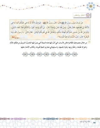 14
: ُ‫ِ�ش‬‫ق‬‫نا‬ُ‫أ‬�َ‫و‬ ،ُ‫ل‬َّ‫م‬َ‫أ‬�َ‫ت‬َ‫أ‬�
‫َداعى‬‫ت‬ ‫ما‬َ‫ك‬ ْ‫م‬ ُ‫ك‬ْ‫ي‬َ‫ل‬َ‫ع‬ ‫َداعى‬‫ت‬ ْ‫ن‬َ‫أ‬� َُ‫مم‬ُ‫أ‬‫ل‬‫ا‬ ُ‫ك‬ ِ‫و�ش‬ُ‫ي‬« :h ِ‫هلل‬‫ا‬ ُ‫ر�سول‬ َ‫قال‬ : َ‫قال‬ h ِ‫هلل‬‫ا‬ ِ‫ر�سول‬ ‫موىل‬ َ‫ثوبان‬ ْ‫عن‬ 	
، ِ‫ل‬ْ‫ي‬ َّ‫ال�س‬ ِ‫ء‬‫ثا‬ُ‫غ‬َ‫ك‬ ٌ‫ء‬‫ثا‬ُ‫غ‬ ْ‫م‬ ُ‫ك‬َّ‫ن‬ ِ‫ك‬َ‫ل‬َ‫و‬ ،ٌ‫ري‬ِ‫ث‬َ‫ك‬ ٍ‫ِذ‬‫ئ‬َ‫م‬ْ‫و‬َ‫ي‬ ْ‫م‬ُ‫ت‬ْ‫ن‬َ‫أ‬� ْ‫ل‬َ‫ب‬ : َ‫قال‬ ‫؟‬ ٍ‫ِذ‬‫ئ‬َ‫م‬ْ‫و‬َ‫ي‬ ُ‫ن‬ ْ‫ح‬َ‫ن‬ ٍ‫ة‬َّ‫ل‬ِ‫ق‬ ْ‫ن‬ِ‫م‬َ‫و‬ :ٌ‫ل‬ِ‫ئ‬‫قا‬ َ‫َقال‬‫ف‬ ،‫ها‬ِ‫ت‬َ‫ع‬ ْ‫َ�ص‬‫ق‬ ‫ىل‬ِ‫إ‬� ُ‫ة‬َ‫ل‬َ‫ك‬َ‫أ‬‫ل‬‫ا‬
‫ما‬َ‫و‬ ،ِ‫هلل‬‫ا‬ َ‫�سول‬َ‫ر‬ ‫يا‬ :ٌ‫ل‬ِ‫ئ‬‫قا‬ َ‫َقال‬‫ف‬ . َ‫ن‬ْ‫ه‬َ‫و‬ْ‫ل‬‫ا‬ ْ‫م‬ ُ‫ِك‬‫ب‬‫ُلو‬‫ق‬ ‫يف‬ ُ‫اهلل‬ َّ‫َن‬‫ف‬ ِ‫ْذ‬‫ق‬َ‫ي‬َ‫ل‬َ‫و‬ ،ْ‫م‬ ُ‫ك‬ْ‫ن‬ِ‫م‬ َ‫ة‬َ‫ب‬‫لمَْها‬‫ا‬ ْ‫م‬ُ‫ك‬ِّ‫و‬ُ‫د‬َ‫ع‬ ِ‫دور‬ ُ‫�ص‬ ْ‫ن‬ِ‫م‬ ُ‫اهلل‬ َّ‫عن‬َ‫ز‬ْ‫ن‬َ‫ي‬َ‫ل‬َ‫و‬
.)1(
» ِ‫ت‬ْ‫لمَْو‬‫ا‬ ُ‫ة‬َ‫ي‬ ِ‫راه‬َ‫ك‬َ‫و‬ ‫يا‬ْ‫ن‬ُّ‫الد‬ ُّ‫ب‬ ُ‫ح‬ : َ‫قال‬ ‫؟‬ ُ‫ن‬ْ‫ه‬َ‫و‬ْ‫ل‬‫ا‬
،ِ‫ة‬َّ‫م‬‫أ‬‫ل‬‫ا‬ ِ‫تفكك‬ ‫من‬ ُ‫ال�شريف‬ ُ‫ديث‬َ‫الح‬ ‫ها‬ْ‫إلي‬� ُ‫ي�شير‬ ‫التي‬ ُ‫ة‬‫النتيج‬ ‫هذه‬ ‫ها‬ْ‫إلي‬� ْ‫آلت‬� ‫التي‬ َ‫أ�سباب‬‫ل‬‫ا‬ ِ‫ناق�ش‬ ِ‫ة‬‫البي‬ّ‫ط‬‫ال‬ َ‫ِك‬‫ت‬‫مجموع‬ ِ‫خالل‬ ‫من‬ G
.‫ها‬ْ‫علي‬ ِ‫ء‬‫أعدا‬‫ل‬‫ا‬ ِ‫وتكالب‬ ،‫ها‬ِ‫ر‬‫ي‬ْ‫غ‬‫ل‬ ِ‫ة‬ّ‫التبعي‬ ‫جاري‬َ‫م‬ ‫في‬ ‫ِها‬‫ب‬‫وان�سيا‬ ،‫ِها‬‫ت‬‫قيم‬ ِ‫ان‬َ‫و‬َ‫ه‬َ‫و‬ ،‫ِها‬‫ن‬‫وز‬ ِ‫ة‬ّ‫ف‬‫وخ‬ ،‫ها‬ِ‫ْد‬‫ق‬‫ع‬ ِ‫وانفراط‬
.‫داود‬ ‫أبو‬� ‫رواه‬)1(
‫حفظ‬
 