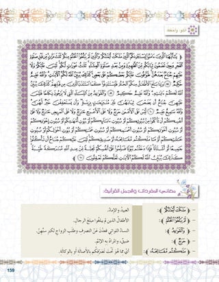 159
‫ﯞ‬‫ﯝ‬‫ﯜ‬‫ﯛ‬‫ﯚ‬‫ﯙ‬‫ﯘ‬‫ﯗ‬‫ﯖ‬‫ﯕ‬‫ﯔ‬‫ﯓ‬‫ﮱ‬‫ﮰ‬‫ﮯ‬‫ﮮ‬‫ﮭ‬‫ﮬ‬‫ﱫ‬
‫ﯰ‬‫ﯯ‬‫ﯮ‬‫ﯭ‬‫ﯬ‬‫ﯫ‬‫ﯪ‬‫ﯩ‬‫ﯨ‬‫ﯧ‬‫ﯦ‬‫ﯥ‬‫ﯤ‬‫ﯣ‬‫ﯢ‬‫ﯡ‬‫ﯠ‬‫ﯟ‬
‫ﰂ‬‫ﰁ‬‫ﰀ‬‫ﯿ‬‫ﯾ‬‫ﯽ‬‫ﯼ‬‫ﯻ‬‫ﯺ‬‫ﯹ‬‫ﯸ‬‫ﯷ‬‫ﯶ‬‫ﯵ‬‫ﯴ‬‫ﯳ‬‫ﯲ‬‫ﯱ‬
‫ﭞ‬‫ﭝ‬‫ﭜ‬‫ﭛ‬‫ﭚ‬‫ﭙ‬‫ﭘ‬‫ﭗ‬‫ﭖ‬‫ﭕ‬‫ﭔ‬‫ﭓ‬‫ﭒ‬‫ﭑ‬‫ﰄ‬‫ﰃ‬
‫ﭮ‬‫ﭭ‬‫ﭬ‬‫ﭫ‬‫ﭪ‬‫ﭩ‬‫ﭨ‬‫ﭦﭧ‬‫ﭥ‬‫ﭤ‬‫ﭣ‬‫ﭢ‬‫ﭡ‬‫ﭠ‬‫ﭟ‬
‫ﭼ‬ ‫ﭻ‬ ‫ﭺ‬ ‫ﭹ‬ ‫ﭸ‬ ‫ﭷ‬ ‫ﭶ‬ ‫ﭵ‬ ‫ﭴ‬ ‫ﭳ‬ ‫ﭲ‬ ‫ﭱ‬ ‫ﭰ‬ ‫ﭯ‬
‫ﮎ‬‫ﮍ‬‫ﮌ‬‫ﮋ‬‫ﮊ‬‫ﮉ‬‫ﮈ‬‫ﮇ‬‫ﮆ‬‫ﮅ‬‫ﮄ‬‫ﮃ‬‫ﮂ‬‫ﮀﮁ‬‫ﭿ‬‫ﭾ‬‫ﭽ‬
‫ﮜ‬‫ﮛ‬‫ﮚ‬‫ﮙ‬‫ﮘ‬‫ﮗ‬‫ﮖ‬‫ﮕ‬‫ﮔ‬‫ﮓ‬‫ﮒ‬‫ﮑ‬‫ﮐ‬‫ﮏ‬
‫ﮪ‬‫ﮩ‬‫ﮨ‬‫ﮧ‬‫ﮦ‬‫ﮥ‬‫ﮤ‬‫ﮣ‬‫ﮢ‬‫ﮡ‬‫ﮠ‬‫ﮟ‬‫ﮞ‬‫ﮝ‬
‫ﯘ‬‫ﯗ‬‫ﯖ‬‫ﯕ‬‫ﯔ‬‫ﯓ‬‫ﮱ‬‫ﮰ‬‫ﮯ‬‫ﮮ‬‫ﮭ‬‫ﮬ‬‫ﮫ‬
‫ﯩ‬‫ﯨ‬‫ﯧ‬‫ﯦ‬‫ﯥ‬‫ﯤ‬‫ﯣ‬‫ﯢ‬‫ﯡ‬‫ﯠ‬‫ﯟ‬‫ﯞ‬‫ﯝ‬‫ﯜ‬‫ﯛ‬‫ﯚ‬‫ﯙ‬
‫ﱪ‬‫ﯱ‬‫ﯰ‬‫ﯯ‬‫ﯮ‬‫ﯭ‬‫ﯬ‬‫ﯫ‬‫ﯪ‬
: ُ‫ظ‬َ‫ف‬ ْ‫ح‬َ‫أ‬�َ‫و‬ ،‫ْلو‬‫ت‬َ‫أ‬�
.ُ‫ماء‬ِ‫إ‬‫ل‬‫وا‬ ُ‫العبيد‬ 			:‫ﱪ‬‫ﯓ‬‫ﮱ‬‫ﱫ‬ -
. ِ‫الرجال‬ َ‫مبلغ‬ ‫وا‬ُ‫غ‬‫يبل‬ ‫مل‬ ‫الذين‬ ُ‫أطفال‬‫ل‬‫ا‬ 			:‫ﱪ‬‫ﯗ‬‫ﯖ‬‫ﯕ‬‫ﱫ‬ -
. ّ‫ن‬ ِ‫ه‬ِّ‫ن‬‫�س‬ ِ‫رب‬‫لك‬ ِ‫الزواج‬ ِ‫ب‬َ‫ل‬‫وط‬ ِ‫الت�رصف‬ ْ‫ن‬َ‫ع‬ َ‫ن‬ْ‫قعد‬ ‫ي‬ِ‫ت‬‫اللوا‬ ُ‫الن�ساء‬ 			:‫ﱪ‬‫ﭧ‬‫ﱫ‬ -
.ُ‫إثم‬‫ل‬‫ا‬ ِ‫ِه‬‫ب‬ ُ‫د‬‫واملرا‬ ،ٌ‫�ضيق‬ 			 	:‫ﱪ‬‫ﮄ‬‫ﱫ‬ -
.ِ‫ة‬َ‫ل‬‫ِالوكا‬‫ب‬ ‫و‬َ‫أ‬� ِ‫ة‬َ‫ل‬‫�صا‬َ‫أ‬‫ل‬‫ِا‬‫ب‬ ‫م‬ ُ‫ك‬ِ‫ف‬َّ‫صر‬�َ‫ت‬ َ‫ت‬ْ َ‫ح‬‫ت‬ َ‫و‬ُ‫ه‬ ‫ا‬ ِ‫م‬‫م‬ ْ‫أي‬� 		:‫ﱪ‬‫ﮯ‬‫ﮮ‬‫ﱫ‬ -
:‫آنية‬�‫القر‬ ‫واجلمل‬ ‫املفردات‬ ‫معاين‬
 