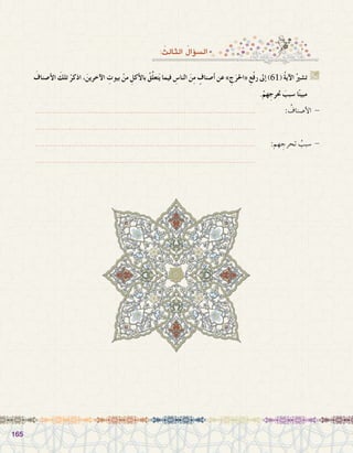 165165
َ‫أ�صناف‬‫ل‬‫ا‬ َ‫تلك‬ ْ‫اذكر‬ ،َ‫آخرين‬‫ل‬‫ا‬ ِ‫بيوت‬ ْ‫من‬ ِ‫أكل‬‫ل‬‫با‬ ُ‫ق‬َّ‫ل‬‫تع‬َ‫ي‬ ‫فيما‬ ِ‫النا�س‬ َ‫ن‬ِ‫م‬ ٍ‫أ�صناف‬� ‫عن‬ » ِ‫ج‬َ‫«احلر‬ ِ‫ع‬ْ‫ف‬‫ر‬ ‫إىل‬� )61( ُ‫ة‬‫آي‬‫ل‬‫ا‬ ُ‫ت�شري‬ G
.ْ‫هم‬ ِ‫حترج‬ َ‫�سبب‬ ‫ا‬ً‫ن‬‫مبي‬
............................................................................................ 		: ُ‫أ�صناف‬‫ل‬‫ا‬ -
............................................................................................ 			
............................................................................................ 	:‫هم‬ ِ‫تحرج‬ ُ‫�سبب‬ -
............................................................................................ 			
: ُ‫الثالث‬ ُ‫ؤال‬�‫ال�س‬
 