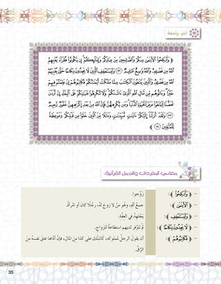 35
: ُ‫حفظ‬َ‫أ‬�‫و‬ ،‫أتلو‬�
‫ﭜ‬‫ﭛ‬‫ﭚ‬‫ﭙ‬‫ﭘ‬‫ﭗ‬‫ﭖ‬‫ﭕ‬‫ﭔ‬‫ﭓ‬‫ﭒ‬‫ﱫﭑ‬
‫ﭫ‬‫ﭪ‬‫ﭩ‬‫ﭨ‬‫ﭧ‬‫ﭦ‬‫ﭥ‬‫ﭤ‬‫ﭣ‬‫ﭢ‬‫ﭡ‬‫ﭠ‬‫ﭟ‬‫ﭞ‬‫ﭝ‬
‫ﭹ‬‫ﭸ‬‫ﭷ‬‫ﭶ‬‫ﭵ‬‫ﭴ‬‫ﭳ‬‫ﭲ‬‫ﭱ‬‫ﭰ‬‫ﭯ‬‫ﭮ‬‫ﭭ‬‫ﭬ‬
‫ﮉ‬‫ﮈ‬‫ﮇ‬‫ﮆ‬‫ﮅ‬‫ﮄ‬‫ﮃ‬‫ﮂ‬‫ﮁ‬‫ﮀ‬‫ﭿ‬‫ﭾ‬‫ﭽ‬‫ﭼ‬‫ﭻ‬‫ﭺ‬
‫ﮘ‬‫ﮗ‬‫ﮖ‬‫ﮕ‬‫ﮔ‬‫ﮓ‬‫ﮒ‬‫ﮑ‬‫ﮐ‬‫ﮏ‬‫ﮎ‬‫ﮍ‬‫ﮌ‬‫ﮋ‬‫ﮊ‬
‫ﮥ‬ ‫ﮤ‬ ‫ﮣ‬ ‫ﮢ‬ ‫ﮡ‬ ‫ﮠ‬ ‫ﮟ‬ ‫ﮞ‬ ‫ﮝ‬ ‫ﮜ‬ ‫ﮛ‬ ‫ﮙﮚ‬
‫ﮧﱪ‬‫ﮦ‬
.‫جوا‬ِّ‫و‬َ‫ز‬ 		:‫ﱪ‬‫ﭑ‬‫ﱫ‬ -
.ً‫ة‬‫أ‬�‫ر‬ْ‫ام‬ ‫أو‬� َ‫كان‬ ً‫لا‬ ُ‫رج‬ ،ُ‫ه‬‫ل‬ َ‫زوج‬ ‫ال‬ ْ‫من‬ ‫و‬ُ‫وه‬ ، ّ‫م‬‫أي‬� ُ‫جمع‬ 		:‫ﭒﱪ‬‫ﱫ‬ -
.ِ‫َّة‬‫ف‬ِ‫الع‬ ‫يف‬ ُ‫د‬ ِ‫ه‬َ‫ت‬ ْ‫ج‬َ‫ي‬ 		:‫ﱪ‬‫ﱫﭥ‬ -
. ِ‫واج‬َ‫ز‬‫لل‬ ٌ‫ة‬‫ا�ستطاع‬ ‫لديهم‬ ‫فر‬َّ‫و‬َ‫ت‬‫ت‬ ْ‫مل‬ 	:‫ﱪ‬‫ﭩ‬‫ﭨ‬‫ﭧ‬‫ﱫ‬ -
َ‫ن‬ِ‫م‬ ُ‫ه‬‫نف�س‬ َ‫عتق‬ ‫اها‬ّ‫د‬‫أ‬� ْ‫إن‬�‫ف‬ ، ِ‫املال‬ َ‫ن‬ِ‫م‬ ‫كذا‬ ‫على‬ ‫ك‬ُ‫ت‬‫اتب‬َ‫ك‬ ،‫ململوكه‬ ُ‫الرجل‬ َ‫يقول‬ ‫أن‬�		:‫ﭶﱪ‬‫ﱫ‬ -
. ِّ‫ق‬َّ‫الر‬
:‫آنية‬�‫القر‬ ‫واجلمل‬ ‫املفردات‬ ‫معاين‬
 