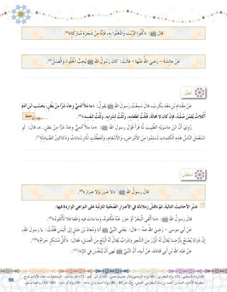 55
‫�رشح‬ ‫ألباب‬‫ل‬‫ا‬ ‫غذاء‬ ،‫امل�ست�شفيات‬ :‫املار�ستانات‬ )7( .‫قم‬ُ‫ل‬ : ْ‫ي‬َ‫أ‬� ٌ‫الت‬ُ‫ك‬ُ‫أ‬� .‫ح�سن‬ ‫حديث‬ ‫وقال‬ ‫الرتمذي‬ ‫‏رواه‬)6( .‫البخاري‬ ‫رواه‬ )5( .‫الرتمذي‬ ‫رواه‬ )4(
.‫م�سلم‬ ‫رواهما‬ )11-10( .‫داود‬ ‫أبو‬� ‫رواه‬ )9( .‫ماجه‬ ‫وابن‬ ‫أحمد‬� ‫رواه‬ )8( .85‫�ص‬ ،2‫ج‬ ،‫احلنبلي‬ ‫ال�سفاريني‬ ‫�سامل‬ ‫بن‬ ‫أحمد‬� ‫بن‬ ‫حممد‬ ،‫آداب‬‫ل‬‫ا‬ ‫منظومة‬
: ُ‫ِ�ش‬‫ق‬‫نا‬ُ‫أ‬�
:‫فيها‬ ِ‫ة‬‫الوارد‬ ‫النواهي‬ ‫على‬ ِ‫ة‬‫ب‬ّ‫ت‬‫املرت‬ ِ‫ة‬‫ي‬ّ‫ح‬ ّ‫ال�ص‬ ِ‫ر‬‫أ�رضا‬‫ال‬ ‫يف‬ ‫ك‬َ‫ء‬‫زمال‬ ْ‫ناق�ش‬ ّ‫ثم‬ ،َ‫ة‬‫التالي‬ َ‫أحاديث‬‫ال‬ ِ‫ر‬َّ‫ب‬‫تد‬ G
.)9(
»‫‏‬ُ‫ه‬‫لو‬ُ‫ك‬ْ‫أ‬�َ‫ت‬ ‫َال‬‫ف‬ ‫فا‬ َ‫ط‬َ‫و‬ ِ‫فيه‬ َ‫مات‬ ‫ما‬َ‫و‬ ،ُ‫ه‬‫لو‬ ُ‫َك‬‫ف‬ ُ‫ه‬ْ‫ن‬َ‫ع‬ َ‫ر‬َ‫ز‬ َ‫ج‬ ْ‫و‬َ‫أ‬� ُ‫ر‬ ْ‫ح‬َ‫ب‬ْ‫ل‬‫ا‬ ‫قى‬ْ‫ل‬َ‫أ‬� ‫«ما‬ :h ِ‫هلل‬‫ا‬ ُ‫�سول‬َ‫ر‬ َ‫قال‬ 	
،ِ‫هلل‬‫ا‬ َ‫�سول‬َ‫ر‬ ‫يا‬ : ُ‫ت‬ْ‫ل‬ُ‫ق‬َ‫ف‬ ِ‫ن‬َ‫م‬َ‫ي‬ْ‫ل‬‫ا‬ ‫ىل‬ِ‫إ‬� ٍ‫ل‬َ‫ب‬ َ‫ج‬ َ‫ن‬ْ‫ب‬ َ‫ذ‬‫عا‬ُ‫م‬َ‫و‬ ‫نا‬َ‫أ‬� h ُّ‫ِي‬‫ب‬َّ‫ن‬‫ال‬ ‫ني‬َ‫ث‬َ‫ع‬َ‫ب‬ : َ‫قال‬ - ُ‫ه‬‫عن‬ ُ‫اهلل‬ َ‫ي‬ ِ‫�ض‬َ‫ر‬ - ‫مو�سى‬ ‫بي‬َ‫أ‬� ْ‫ن‬َ‫ع‬ 	
.)10(
»‫‏‬ٌ‫م‬‫را‬ َ‫ح‬ ٍ‫ر‬ ِ‫ك‬ ْ‫�س‬ُ‫م‬ ُّ‫ل‬ُ‫«ك‬ : َ‫َقال‬‫ف‬ ، ِ‫ل‬ َ‫�س‬َ‫ع‬ْ‫ل‬‫ا‬ َ‫ن‬ِ‫م‬ َ‫ع‬ْ‫ت‬ِ‫ب‬ْ‫ل‬‫ا‬ ُ‫ه‬َ‫ل‬ ُ‫قال‬ُ‫ي‬ ٌ‫اب‬َ‫شر‬�َ‫و‬ ِ‫ري‬ِ‫ع‬ َّ‫ال�ش‬ َ‫ن‬ِ‫م‬ َ‫ر‬ْ‫ز‬ِْ‫لم‬‫ا‬ ُ‫ه‬َ‫ل‬ ُ‫قال‬ُ‫ي‬ ‫نا‬ ِ‫�ض‬ْ‫ر‬َ‫أ‬�ِ‫ب‬ ُ‫ع‬َ‫ن‬ ْ‫�ص‬ُ‫ي‬ ‫ا‬ً‫ب‬‫ا‬َ‫شر‬� َّ‫ِن‬‫إ‬�
.)11(
‫‏‬ِ‫ء‬‫نا‬ِ‫إ‬‫ل‬‫ا‬ ‫يف‬ َ‫َّ�س‬‫ف‬َ‫ن‬َ‫ت‬ُ‫ي‬ ْ‫ن‬َ‫أ‬� ‫هى‬َ‫ن‬ h َّ‫بي‬َّ‫ن‬‫ال‬ َّ‫ن‬َ‫أ‬� ،ِ‫بيه‬َ‫أ‬� ْ‫ن‬َ‫ع‬ ،َ‫ة‬َ‫د‬‫َتا‬‫ق‬ ‫بي‬َ‫أ‬� ِ‫ن‬ْ‫ب‬ ِ‫هلل‬‫ا‬ ِ‫د‬ْ‫ب‬َ‫ع‬ ْ‫عن‬ 	
.......................................................................................................................
.)4(
»ٍ‫ة‬َ‫ك‬َ‫بار‬ُ‫م‬ ٍ‫ة‬َ‫ر‬ َ‫ج‬ َ‫�ش‬ ْ‫ن‬ِ‫م‬ ُ‫ه‬َّ‫ن‬‫إ‬�َ‫ف‬ ،ِ‫ِه‬‫ب‬ ‫وا‬ُ‫ن‬ ِ‫ه‬َّ‫د‬‫ا‬َ‫و‬ َ‫ت‬ْ‫ي‬َّ‫ز‬‫ال‬ ‫وا‬ُ‫ل‬ُ‫«ك‬ :h ‫قال‬
.......................................................................................................................
.)5(
‫‏‬َ‫ل‬ َ‫�س‬َ‫ع‬ْ‫ل‬‫ا‬َ‫و‬ َ‫واء‬ْ‫ل‬َْ‫لح‬‫ا‬ ُّ‫ب‬ ِ‫ح‬ُ‫ي‬ h ِ‫هلل‬‫ا‬ ُ‫ول‬ ُ‫�س‬َ‫ر‬ َ‫كان‬ : ْ‫ت‬َ‫ل‬‫قا‬ - ‫ها‬ْ‫ن‬َ‫ع‬ ُ‫اهلل‬ َ‫ي‬ ِ‫�ض‬َ‫ر‬ - َ‫ة‬ َ‫�ش‬ِ‫ئ‬‫عا‬ ْ‫ن‬َ‫ع‬
.......................................................................................................................
.)8(
»َ‫ار‬ِ‫ضر‬� ‫ال‬َ‫و‬ َ‫ر‬ََ‫ضر‬� ‫«ال‬ :h ِ‫هلل‬‫ا‬ ُ‫ر�سول‬ َ‫قال‬
:ُ‫ل‬ِّ‫ل‬َ‫ع‬ُ‫أ‬�
َ‫م‬َ‫د‬‫آ‬� ِ‫ن‬ْ‫ب‬‫ا‬ ِ‫ب‬ ْ‫�س‬َ‫ِح‬‫ب‬،ٍ‫ن‬ْ‫ط‬َ‫ب‬ ْ‫ن‬ِ‫م‬‫ا‬ًَّ‫شر‬� ً‫ء‬‫عا‬ِ‫و‬ ٌّ‫ي‬ِ‫م‬َ‫د‬‫آ‬�َ‫أ‬‫ل‬َ‫م‬‫ما‬« : ُ‫قول‬َ‫ي‬ h ِ‫هلل‬‫ا‬ َ‫�سول‬َ‫ر‬ ُ‫ت‬ْ‫ع‬ ِ‫م‬ َ‫�س‬ َ‫قال‬ ، َ‫ب‬ِ‫ر‬ َ‫يك‬ ِ‫د‬ْ‫ع‬َ‫م‬ ِ‫ن‬ْ‫ب‬ ِ‫ْدام‬‫ق‬ِ‫م‬ ْ‫ن‬َ‫ع‬ 	
.)6(
»ِ‫ه‬ ِ‫َ�س‬‫ف‬َ‫ن‬ِ‫ل‬ ٌ‫ث‬ُ‫ل‬ُ‫ث‬َ‫و‬ ،ِ‫ه‬ِ‫ب‬‫شرَا‬�ِ‫ل‬ ٌ‫ث‬ُ‫ل‬ُ‫ث‬َ‫و‬ ،ِ‫ه‬ِ‫م‬‫ا‬َ‫ع‬َ‫ط‬ِ‫ل‬ ٌ‫ث‬ُ‫ل‬ُ‫ث‬َ‫ف‬ ،َ‫ة‬َ‫ل‬‫ا‬َ‫مح‬ ‫ال‬ َ‫كان‬ ْ‫ِن‬‫إ‬�َ‫ف‬ ،ُ‫ه‬َ‫ب‬ْ‫ل‬ ُ‫�ص‬ َ‫ن‬ْ‫م‬ِ‫ق‬ُ‫ي‬ ٌ‫الت‬ُ‫ك‬ُ‫أ‬�
ِ‫و‬َ‫ل‬ : َ‫قال‬ ،».. ٍ‫طن‬َ‫ب‬ ْ‫ن‬ِ‫م‬ ‫ا‬ًَّ‫شر‬� ً‫ء‬‫عا‬ ِ‫و‬ ٌّ‫ي‬ِ‫آدم‬� َ‫أ‬‫ل‬‫م‬ ‫«ما‬ :h ‫اهلل‬ ِ‫ر�سول‬ َ‫ل‬ْ‫َو‬‫ق‬ َ‫أ‬�َ‫َر‬‫ق‬ ‫ا‬َّ‫لم‬ َ‫ِيب‬‫ب‬ َّ‫الط‬ ِ‫ه‬ْ‫ي‬َ‫و‬ َ‫ما�س‬ َ‫ن‬ْ‫ب‬‫ا‬ َّ‫ن‬َ‫أ‬� َ‫ي‬ ِ‫و‬ُ‫ر‬ 	
.)7(
ِ‫ة‬َ‫ل‬ِ‫ياد‬ َّ‫ال�ص‬ ُ‫ني‬‫كاك‬َ‫د‬َ‫و‬ ُ‫تانات‬ ْ‫�س‬ِ‫لمْار‬‫ا‬ ِ‫ت‬َ‫ل‬ َّ‫ط‬َ‫ع‬َ‫ت‬َ‫ل‬َ‫و‬ ،ِ‫قام‬ ْ‫�س‬َ‫أ‬‫ل‬‫ا‬َ‫و‬ ، ِ‫را�ض‬ْ‫م‬َ‫أ‬‫ل‬‫ا‬ ْ‫ن‬ِ‫م‬ ‫وا‬ُ‫م‬ِ‫ل‬ َ‫�س‬َ‫ل‬ ِ‫مات‬ِ‫ل‬ َ‫ك‬ْ‫ل‬‫ا‬ ِ‫ه‬ ِ‫ذ‬َ‫ه‬ ُ‫ا�س‬َّ‫ن‬‫ال‬ َ‫ل‬َ‫م‬ْ‫ع‬َ‫ت‬ ْ‫ا�س‬
.......................................................................................................................
.......................................................................................................................
‫حفظ‬
 