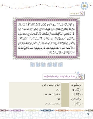 74
: ُ‫ظ‬َ‫ف‬ ْ‫ح‬َ‫أ‬�َ‫و‬ ،‫ْلو‬‫ت‬َ‫أ‬�
‫ﯣ‬‫ﯢ‬‫ﯡ‬‫ﯠ‬‫ﯟ‬‫ﯞ‬‫ﯝ‬‫ﯜ‬‫ﯛ‬‫ﯚ‬‫ﯙ‬‫ﯘ‬‫ﯗ‬‫ﯖ‬‫ﯕ‬‫ﯔ‬‫ﯓ‬ ‫ﱫ‬
‫ﯳ‬‫ﯲ‬‫ﯱ‬‫ﯰ‬‫ﯯ‬‫ﯮ‬‫ﯭ‬‫ﯬ‬‫ﯫ‬‫ﯪ‬‫ﯩ‬‫ﯨ‬‫ﯧ‬‫ﯦ‬‫ﯥ‬‫ﯤ‬
‫ﰅ‬‫ﰄ‬‫ﰃ‬‫ﰂ‬‫ﰁ‬‫ﰀ‬‫ﯿ‬‫ﯾ‬‫ﯽ‬‫ﯼ‬‫ﯻ‬‫ﯺ‬‫ﯹ‬‫ﯸ‬‫ﯷ‬‫ﯶ‬‫ﯵ‬‫ﯴ‬
‫ﰙ‬‫ﰘ‬‫ﰗ‬‫ﰖ‬‫ﰕ‬‫ﰔ‬‫ﰓ‬‫ﰒ‬‫ﰑ‬‫ﰐ‬‫ﰏ‬‫ﰎ‬‫ﰍ‬‫ﰌ‬‫ﰋ‬‫ﰊ‬‫ﰉ‬‫ﰈ‬‫ﰇ‬‫ﰆ‬
‫ﭠ‬‫ﭟ‬‫ﭞ‬‫ﭝ‬‫ﭜ‬‫ﭛ‬‫ﭚ‬‫ﭙ‬‫ﭘ‬‫ﭗ‬‫ﭖ‬‫ﭕ‬‫ﭔ‬‫ﭓ‬‫ﭒ‬‫ﭑ‬‫ﰛ‬‫ﰚ‬
‫ﭵ‬‫ﭴ‬‫ﭳ‬‫ﭲ‬‫ﭱ‬‫ﭰ‬‫ﭯ‬‫ﭮ‬‫ﭭ‬‫ﭬ‬‫ﭫ‬‫ﭪ‬‫ﭩ‬‫ﭨ‬‫ﭧ‬‫ﭦ‬‫ﭥ‬‫ﭤ‬‫ﭣ‬‫ﭢ‬‫ﭡ‬
‫ﱪ‬‫ﭿ‬‫ﭾ‬‫ﭽ‬‫ﭼ‬‫ﭻ‬‫ﭺ‬‫ﭹ‬‫ﭸ‬‫ﭷ‬‫ﭶ‬
.ِ‫ء‬‫ا‬َ‫و‬َ‫اله‬ ِ‫في‬ ‫ها‬َ‫ت‬ َ‫ح‬ِ‫ن‬ ْ‫ج‬َ‫أ‬� ٍ‫ات‬ َ‫ط‬ ِ‫ا�س‬َ‫ب‬ 		:‫ﱪ‬‫ﯞ‬‫ﱫ‬ -
. ُ‫ي�سوق‬ 			:‫ﱪ‬‫ﯸ‬‫ﱫ‬ -
.‫ا‬ ً‫بع�ض‬ ‫ه‬ ُ‫بع�ض‬ ُ‫يركب‬ ‫ا‬ً‫ع‬‫جمتم‬ 			:‫ﱪ‬‫ﯿ‬‫ﱫ‬ -
.ُ‫املطر‬ 		:‫ﱪ‬‫ﰁ‬‫ﱫ‬ -
. ُ‫واللمعان‬ ُ‫ال�ضوء‬ :‫ال�سنا‬ 			:‫ﱪ‬‫ﰗ‬‫ﱫ‬ -
:‫آنية‬�‫القر‬ ‫واجلمل‬ ‫املفردات‬ ‫معاين‬
 