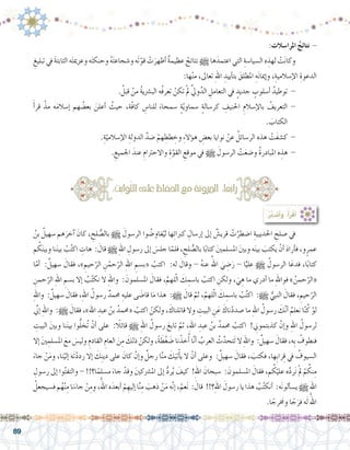 89
ُ‫بن‬ ُ‫�سهيل‬ ‫هم‬َ‫آخر‬� َ‫كان‬ ، ِ‫لح‬ ُّ‫بال�ص‬ h َ‫الر�سول‬ ‫وا‬ ُ‫فاو�ض‬ُ‫لي‬ ‫ها‬ِ‫ئ‬‫كربا‬ ِ‫إر�سال‬� ‫إىل‬� ٌ‫قري�ش‬ ْ‫ت‬َّ‫ا�ضطر‬ ِ‫احلديبية‬ ِ‫�صلح‬ ‫يف‬ 	
‫م‬ ُ‫ك‬َ‫ن‬‫وبي‬ ‫نا‬َ‫ن‬‫بي‬ ْ‫ب‬ُ‫ت‬‫اك‬ ِ‫هات‬ : َ‫قال‬ h ِ‫هلل‬‫ا‬ ِ‫ر�سول‬ ‫إىل‬� َ‫جل�س‬ ‫ا‬ّ‫فلم‬ ، ِ‫لح‬ ُّ‫بال�ص‬ ‫ا‬ً‫ب‬‫كتا‬ َ‫ني‬‫امل�سلم‬ َ‫ني‬‫وب‬ ‫ه‬َ‫ن‬‫بي‬ َ‫يكتب‬ ْ‫أن‬� َ‫د‬‫أرا‬�‫ف‬ ،‫و‬ٍ‫عمر‬
‫ا‬ّ‫أم‬� :ٌ‫�سهيل‬ َ‫فقال‬ ،» ِ‫حيم‬ّ‫الر‬ ِ‫ن‬ْ‫حم‬ّ‫الر‬ ِ‫هلل‬‫ا‬ ِ‫«ب�سم‬ ْ‫اكتب‬ :‫له‬ َ‫وقال‬ - ُ‫ه‬‫عن‬ ُ‫اهلل‬ َ‫ي‬ ِ‫�ض‬َ‫ر‬ - ‫ا‬ًّ‫علي‬ h ُ‫الر�سول‬ ‫ا‬َ‫فدع‬ ،‫ا‬ً‫ب‬‫كتا‬
ِ‫حمن‬ّ‫الر‬ ِ‫هلل‬‫ا‬ ِ‫ب�سم‬ ‫إال‬� ُ‫ب‬ُ‫ت‬‫نك‬ ‫ال‬ ِ‫هلل‬‫وا‬ : َ‫امل�سلمون‬ َ‫فقال‬ ،َّ‫لهم‬ّ‫ل‬‫ا‬ َ‫ك‬ ِ‫با�سم‬ ْ‫اكتب‬ ِ‫ولكن‬ ، َ‫ي‬ ِ‫ه‬ ‫ما‬ ‫أدري‬� ‫ما‬ ِ‫هلل‬‫فوا‬ » ُ‫حمن‬ّ‫«الر‬
ِ‫هلل‬‫وا‬ :ٌ‫�سهيل‬ َ‫فقال‬ ،ِ‫هلل‬‫ا‬ ُ‫ر�سول‬ ٌ‫حممد‬ ِ‫عليه‬ ‫ى‬ َ‫قا�ض‬ ‫ا‬َ‫م‬ ‫هذا‬ :h َ‫قال‬ َّ‫ثم‬ ،َّ‫لهم‬ّ‫ل‬‫ا‬ َ‫ك‬ ِ‫با�سم‬ ْ‫ب‬ُ‫ت‬‫اك‬ :h ُّ‫النبي‬ َ‫فقال‬ ، ِ‫حيم‬ّ‫الر‬
ِّ‫ني‬‫إ‬� ِ‫هلل‬‫وا‬ :h َ‫فقال‬ ،»‫اهلل‬ ِ‫عبد‬ ُ‫بن‬ ُ‫«حممد‬ ْ‫اكتب‬ ْ‫ولكن‬ ، َ‫قاتلناك‬ ‫وال‬ ِ‫البيت‬ ِ‫ن‬َ‫ع‬ َ‫ناك‬ْ‫د‬‫�صد‬ ‫ما‬ ِ‫هلل‬‫ا‬ ُ‫ر�سول‬ َ‫ك‬ّ‫ن‬‫أ‬� ُ‫نعلم‬ ‫ا‬ّ‫ن‬ُ‫ك‬ ْ‫لو‬
ِ‫البيت‬ َ‫ني‬‫وب‬ ‫نا‬َ‫ن‬‫بي‬ ‫وا‬ُّ‫ل‬‫ُخ‬‫ت‬ ْ‫أن‬� ‫على‬ :ً‫قائلا‬ h ِ‫هلل‬‫ا‬ ُ‫ر�سول‬ َ‫تابع‬ َّ‫ثم‬ ،ِ‫هلل‬‫ا‬ ِ‫عبد‬ ُ‫بن‬ ُ‫حممد‬ ْ‫اكتب‬ !ِ‫ني‬‫كذبتمو‬ ْ‫إن‬�‫و‬ ِ‫هلل‬‫ا‬ ُ‫لر�سول‬
‫إال‬� َ‫ني‬ ِ‫امل�سلم‬ َ‫مع‬ َ‫ولي�س‬ ِ‫القادم‬ ِ‫العام‬ َ‫ن‬ِ‫م‬ َ‫ذلك‬ ْ‫ولكن‬ ،ً‫ة‬ َ‫ط‬ْ‫غ‬ َ‫�ض‬ ‫نا‬ْ‫خذ‬ُ‫أ‬� ‫ا‬َّ‫ن‬‫أ‬� ُ‫العرب‬ ُ‫ث‬َّ‫َتحد‬‫ت‬ ‫ال‬ ِ‫هلل‬‫وا‬ :ٌ‫�سهيل‬ َ‫فقال‬ ،‫ِه‬‫ب‬ ُ‫فنطوف‬
َ‫جاء‬ ْ‫ن‬َ‫م‬‫و‬ ،‫نا‬ْ‫إلي‬� ‫َه‬‫ت‬ْ‫د‬‫رد‬ ‫إال‬� َ‫ك‬ِ‫ن‬‫دي‬ ‫على‬ َ‫كان‬ ْ‫إن‬�‫و‬ ٌ‫رجل‬ ‫ا‬َّ‫ن‬‫م‬ َ‫ك‬َ‫تي‬ْ‫أ‬�‫ي‬ ‫ال‬ ْ‫أن‬� ‫وعلى‬ :ٌ‫�سهيل‬ َ‫فقال‬ ، َ‫فكتب‬ ،‫ِها‬‫ب‬‫را‬ِ‫ق‬ ‫يف‬ ُ‫ال�سيوف‬
ِ‫ر�سول‬ ‫إىل‬� ‫وا‬ُ‫ت‬‫والتف‬ - !!‫ا؟‬ً‫م‬ِ‫ل‬‫م�س‬ َ‫جاء‬ ْ‫وقد‬ َ‫ني‬‫امل�رشك‬ ‫إىل‬� ُّ‫د‬‫ر‬ُ‫ي‬ َ‫كيف‬ !ِ‫هلل‬‫ا‬ َ‫�سبحان‬ : َ‫امل�سلمون‬ َ‫فقال‬ ،‫م‬ ُ‫ك‬ْ‫علي‬ ‫ه‬َّ‫د‬‫ر‬َ‫ن‬ ْ‫مل‬ ْ‫م‬ ُ‫نك‬ِ‫م‬
ُ‫ف�سيجعل‬ ‫م‬ُ‫ه‬ْ‫ن‬ِ‫م‬ ‫نا‬َ‫جاء‬ ْ‫ن‬ِ‫وم‬ ،ُ‫اهلل‬ ‫ه‬َ‫أبعد‬� ْ‫م‬ ِ‫إليه‬� ‫ا‬َّ‫ن‬ِ‫م‬ َ‫ذهب‬ ْ‫ن‬َ‫م‬ ‫ه‬َّ‫ن‬‫إ‬� ،ْ‫عم‬َ‫ن‬ : َ‫قال‬ !!‫؟‬ِ‫هلل‬‫ا‬ َ‫ر�سول‬ ‫يا‬ ‫هذا‬ ُ‫ب‬ُ‫ت‬‫أنك‬� :‫ه‬َ‫ن‬‫ألو‬�‫ي�س‬ h ِ‫هلل‬‫ا‬
.‫ا‬ ً‫رج‬َ‫مخ‬‫و‬ ‫ا‬ ً‫ج‬َ‫فر‬ ‫ه‬َ‫ل‬ ُ‫اهلل‬
:ِ‫وابت‬َّ‫ث‬‫ال‬‫على‬ ِ‫احلفاظ‬ َ‫مع‬ ُ‫ة‬‫املرون‬ :‫ا‬ً‫ع‬‫راب‬
:ُ‫ر‬َّ‫ب‬َ‫د‬َ‫ت‬َ‫أ‬�َ‫و‬ ،ُ‫أ‬�َ‫ر‬ْ‫ق‬َ‫أ‬�
:‫املرا�سالت‬ ُ‫نتائج‬ -
ِ‫تبليغ‬ ‫يف‬ َ‫ة‬‫الثابت‬ ‫ه‬َ‫ت‬‫وعزمي‬ ‫ه‬َ‫ت‬‫وحنك‬ ُ‫ه‬َ‫ت‬‫و�شجاع‬ ‫َه‬‫ت‬ّ‫قو‬ ْ‫ت‬َ‫أظهر‬� ٌ‫ة‬‫عظيم‬ ُ‫نتائج‬ h‫ها‬َ‫اعتمد‬ ‫التي‬ ِ‫ال�سيا�سة‬ ‫ه‬ ِ‫لهذ‬ ْ‫ت‬َ‫ن‬‫وكا‬ 	
:‫ها‬ْ‫ن‬‫م‬ ،‫تعاىل‬ ِ‫هلل‬‫ا‬ ِ‫أييد‬�‫بت‬ َ‫املطلق‬ ِ‫ه‬َ‫ن‬‫إميا‬�‫و‬ ،ِ‫إ�سالمية‬‫ل‬‫ا‬ ِ‫الدعوة‬
. ُ‫قبل‬ ْ‫من‬ ُ‫ة‬‫الب�رشي‬ ‫ُه‬‫ف‬‫تعر‬ ْ‫تكن‬ ْ‫مل‬ ِّ‫يل‬‫و‬َّ‫الد‬ ِ‫التعامل‬ ‫يف‬ ٍ‫جديد‬ ٍ‫أ�سلوب‬� ُ‫توطيد‬ - 	
َ‫أ‬�‫قر‬ ْ‫مذ‬ ‫ه‬َ‫م‬‫إ�سال‬� ‫هم‬ ُ‫بع�ض‬ َ‫أعلن‬� ُ‫حيث‬ ،‫ّة‬‫ف‬‫كا‬ ِ‫للنا�س‬ َ‫�سمحاء‬ ٍ‫ة‬ّ‫ي‬‫�سماو‬ ٍ‫ة‬‫كر�سال‬ ِ‫احلنيف‬ ِ‫إ�سالم‬‫ل‬‫با‬ ُ‫التعريف‬ - 	
. َ‫الكتاب‬
.ِ‫ة‬ّ‫إ�سالمي‬‫ل‬‫ا‬ ِ‫الدولة‬ َّ‫�ضد‬ ْ‫هم‬ ِ‫طط‬ ِ‫وخ‬ ِ‫ء‬‫ؤال‬�‫ه‬ ِ‫بع�ض‬ ‫نوايا‬ ْ‫عن‬ ُ‫الر�سائل‬ ‫هذه‬ ْ‫َت‬‫ف‬‫ك�ش‬ - 	
. ِ‫اجلميع‬ َ‫عند‬ ِ‫واالحرتام‬ ِ‫ة‬ّ‫القو‬ ِ‫موقع‬ ‫يف‬ h َ‫الر�سول‬ ْ‫ت‬َ‫ع‬‫و�ض‬ ُ‫ة‬‫املبادر‬ ‫ه‬ ِ‫هذ‬ - 	
 