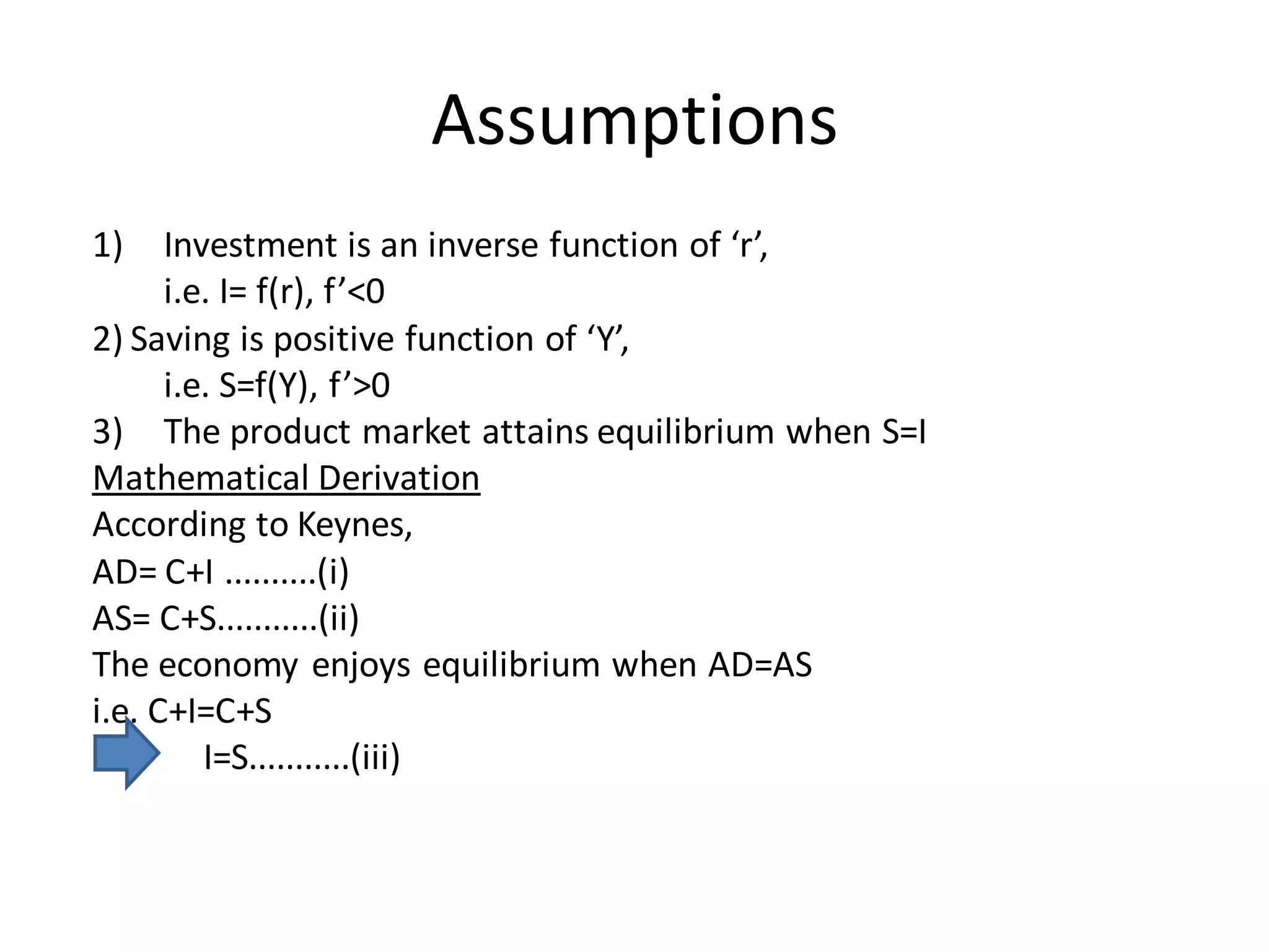 Assumptions
1) Investment is an inverse function of ‘r’,
i.e. I= f(r), f’<0
2) Saving is positive function of ‘Y’,
i.e. S=f(Y), f’>0
3) The product market attains equilibrium when S=I
Mathematical Derivation
According to Keynes,
AD= C+I ..........(i)
AS= C+S...........(ii)
The economy enjoys equilibrium when AD=AS
i.e. C+I=C+S
I=S...........(iii)
 