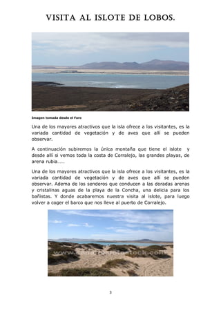 VISITA AL ISLOTE DE LOBOS.




Imagen tomada desde el Faro


Una de los mayores atractivos que la isla ofrece a los visitantes, es la
variada cantidad de vegetación y de aves que allí se pueden
observar.

A continuación subiremos la única montaña que tiene el islote y
desde allí si vemos toda la costa de Corralejo, las grandes playas, de
arena rubia……

Una de los mayores atractivos que la isla ofrece a los visitantes, es la
variada cantidad de vegetación y de aves que allí se pueden
observar. Adema de los senderos que conducen a las doradas arenas
y cristalinas aguas de la playa de la Concha, una delicia para los
bañistas. Y donde acabaremos nuestra visita al islote, para luego
volver a coger el barco que nos lleve al puerto de Corralejo.




                                   3
 