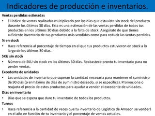 Ventas perdidas estimadas
• El índice de ventas realizadas multiplicado por los días que estuviste sin stock del producto
durante los últimos 30 días. Esta es una estimación de las ventas perdidas de todos tus
productos en los últimos 30 días debido a la falta de stock. Asegúrate de que tienes
suficiente inventario de tus productos más vendidos como para reducir las ventas perdidas.
% en stock
• Hace referencia al porcentaje de tiempo en el que tus productos estuvieron en stock a lo
largo de los últimos 30 días.
SKU sin stock
• Número de SKU sin stock en los últimos 30 días. Reabastece pronto tu inventario para no
perder ventas.
Excedente de unidades
• Las unidades de inventario que superan la cantidad necesaria para mantener el suministro
de 90 días (o el máximo de días de suministro deseado, si se especifica). Promociona o
reajusta el precio de estos productos para ayudar a vender el excedente de unidades.
Días en inventario
• Días que se espera que dure tu inventario de todos los productos.
Turnos
• Hace referencia a la cantidad de veces que tu inventario de Logística de Amazon se venderá
en el año en función de tu inventario y el porcentaje de ventas actuales.
Indicadores de producción e inventarios.
 