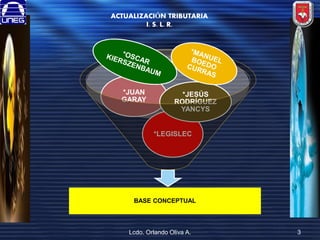 ACTUALIZACIÓN TRIBUTARIA
I. S. L. R.

*JUAN
GARAY

*JESÚS
RODRÍGUEZ
YANCYS

*LEGISLEC

BASE CONCEPTUAL

Lcdo. Orlando Oliva A.

3

 