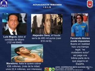 ACTUALIZACIÓN TRIBUTARIA
I. S. L. R.

Luis Miguel, debe al
condado de Miami
(132 mil 894$)

Alejandro Sanz, el fraude
sería de 480 mil euros (casi
610 mil $).

Maradona, Italia le quiere cobrar
€36 millones, (más de la mitad,
unos 22,4 millones, son intereses)

Fernando Alonso
evade impuestos
Bueno en realidad
hizo una trampa
legal, "es
ciudadano suizo"
así paga una
Ínfima parte de lo
que pagaría en
España.

ASOC. COOPERATIVA MIXTA GUAYANA 358, R. L.
RIF J--31144572-2 NIT 0331439584
PUERTO ORDAZ, EDO. BOLIVAR TELF 0286 923 55 47

39

 