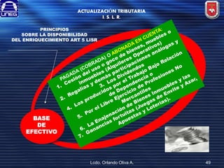 ACTUALIZACIÓN TRIBUTARIA
I. S. L. R.
PRINCIPIOS
SOBRE LA DISPONIBILIDAD
DEL ENRIQUECIMIENTO ART 5 LISR

BASE
DE
EFECTIVO

Lcdo. Orlando Oliva A.

49

 